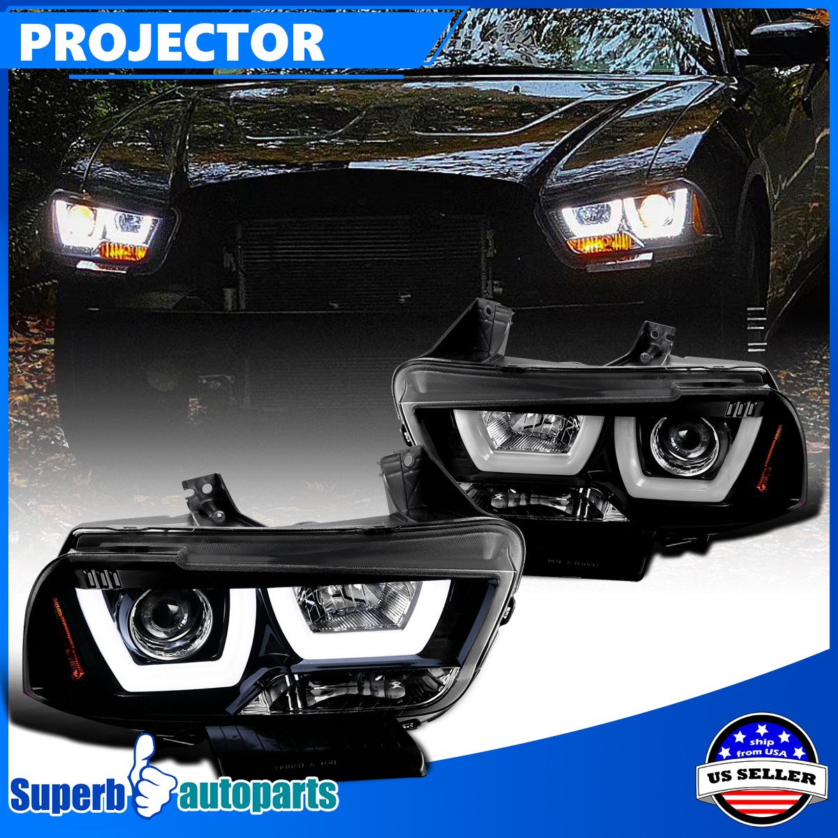 Fits 2011-2014 Dodge Charger Polished Black LED Dual Halo Projector Headlights