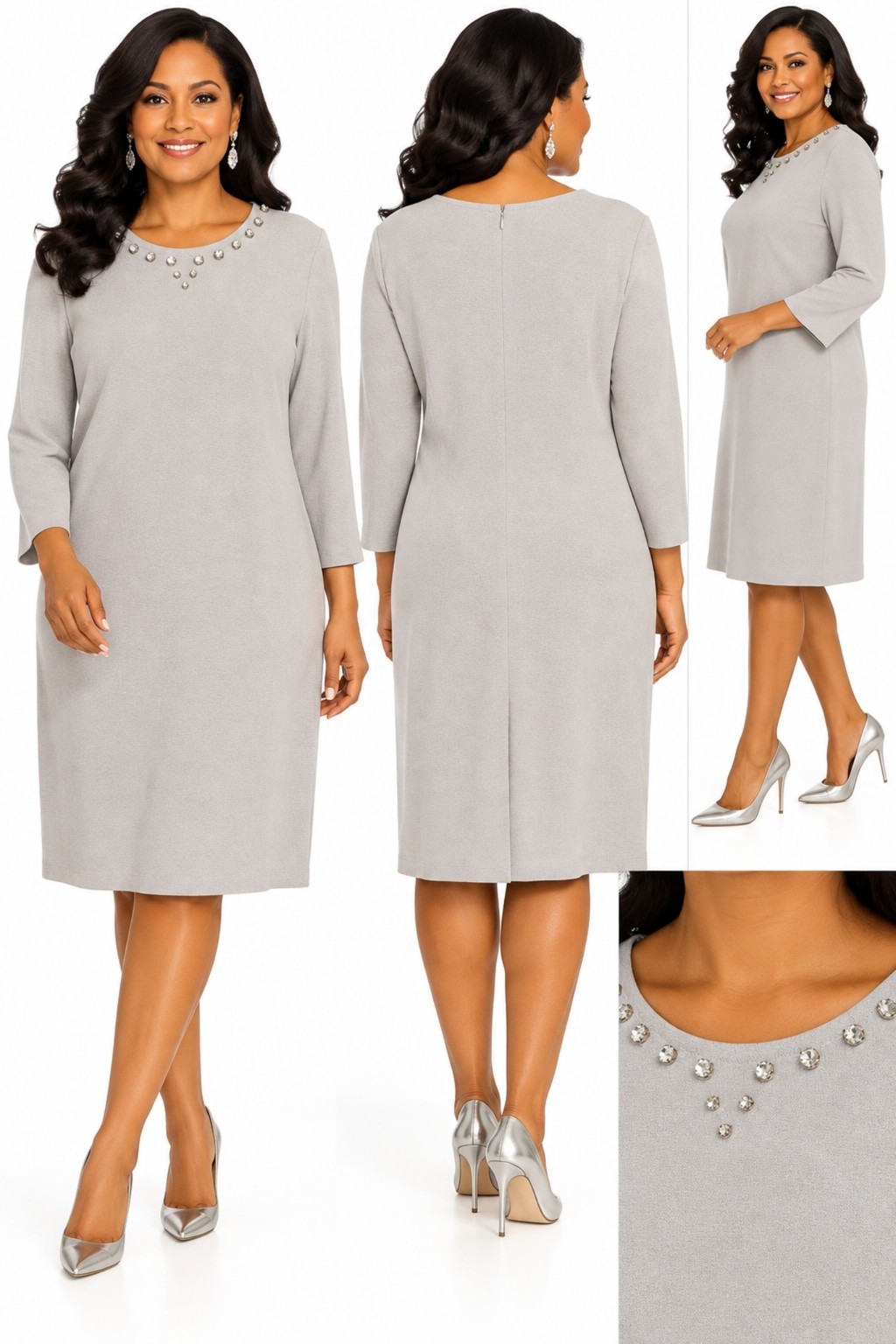 St. John Long Sleeve Dress, Beige, Size 12, Embellished Neckline