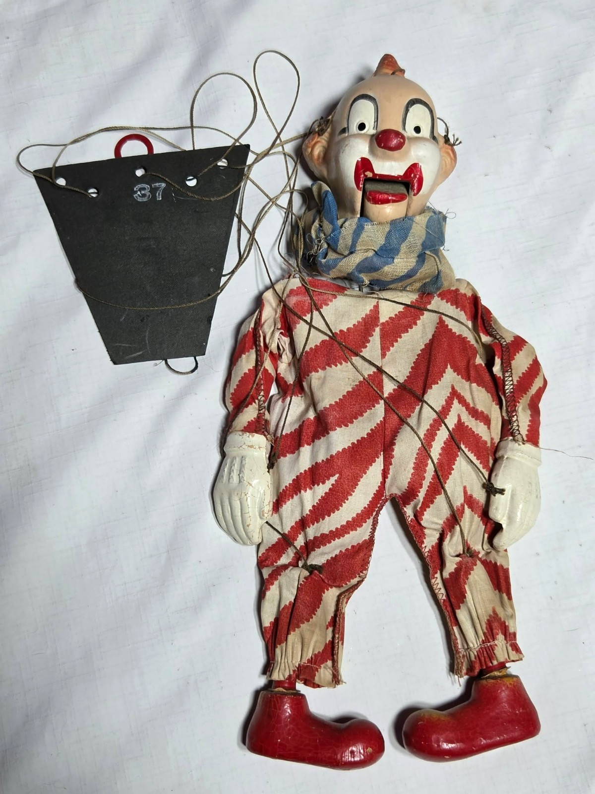 1950s VTG Clown Marionette Puppet String Doll Moving Mouth Control Board Antique