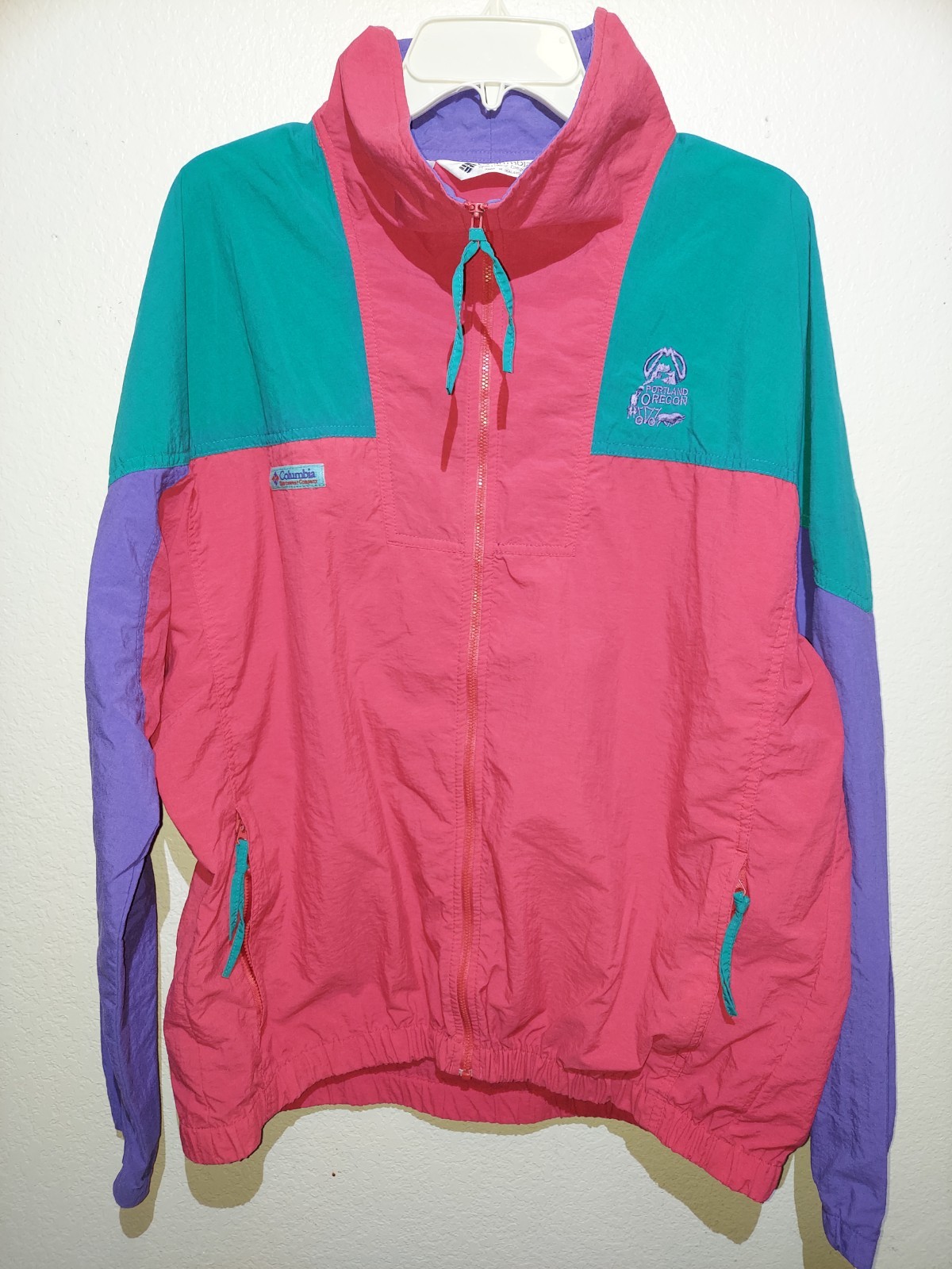 Vtg Columbia Radial Sleeve Jacket Windbreaker Colorblock PORTLAND,OR Embroidery 
