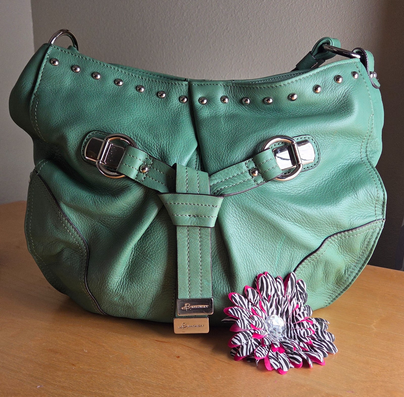 B. Makowsky Teal Green Pebbled Leather Hobo Shoulder Bag Studded Satchel Purse