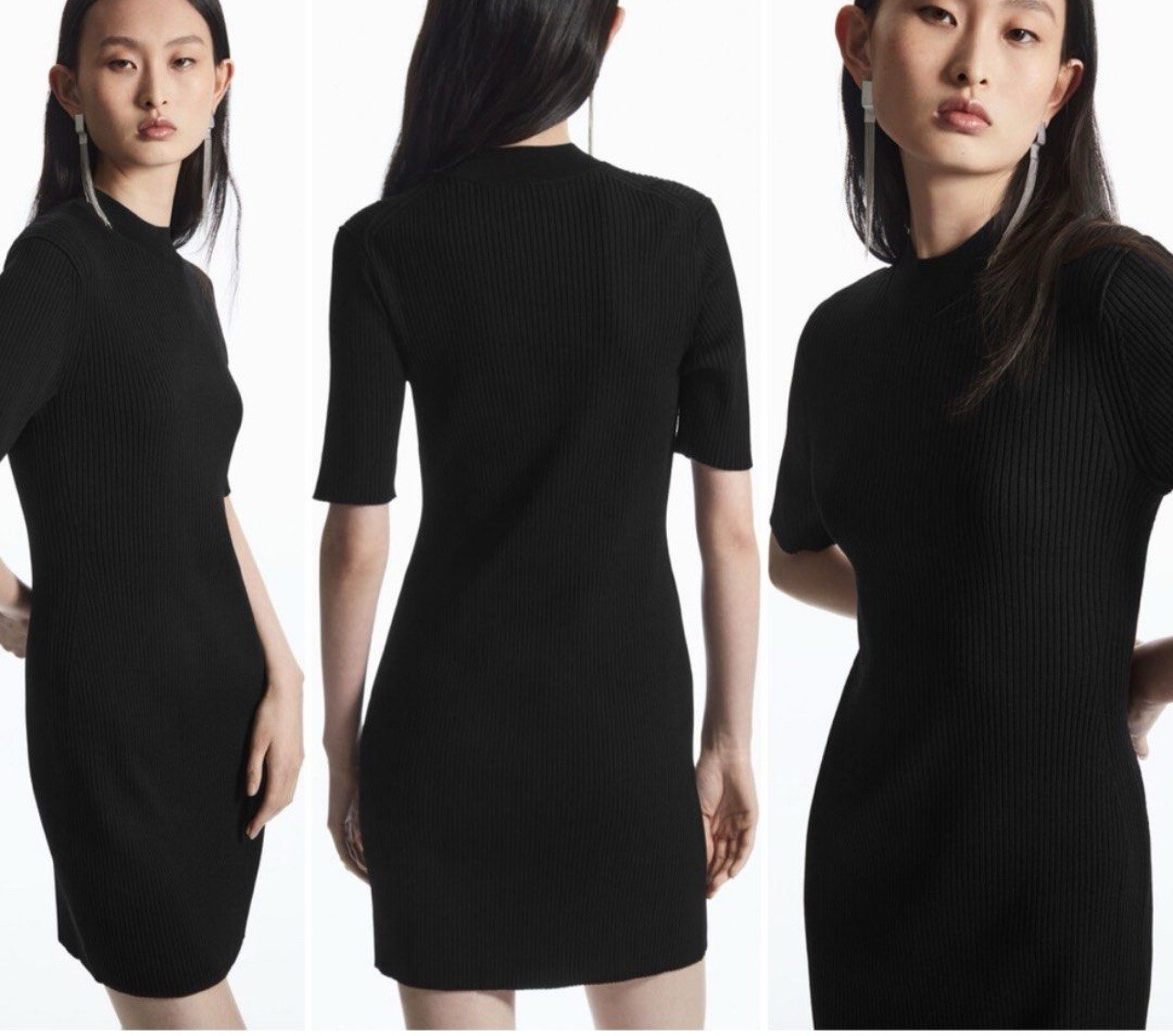 COS Womens Large Black Stretch Knit Ribbed Mock Neck Short Sleeve Mini Dress EUC COS Womens Large Black Stretch Knit Ribbed Mock Neck Short Sleeve Mini Dress EUC