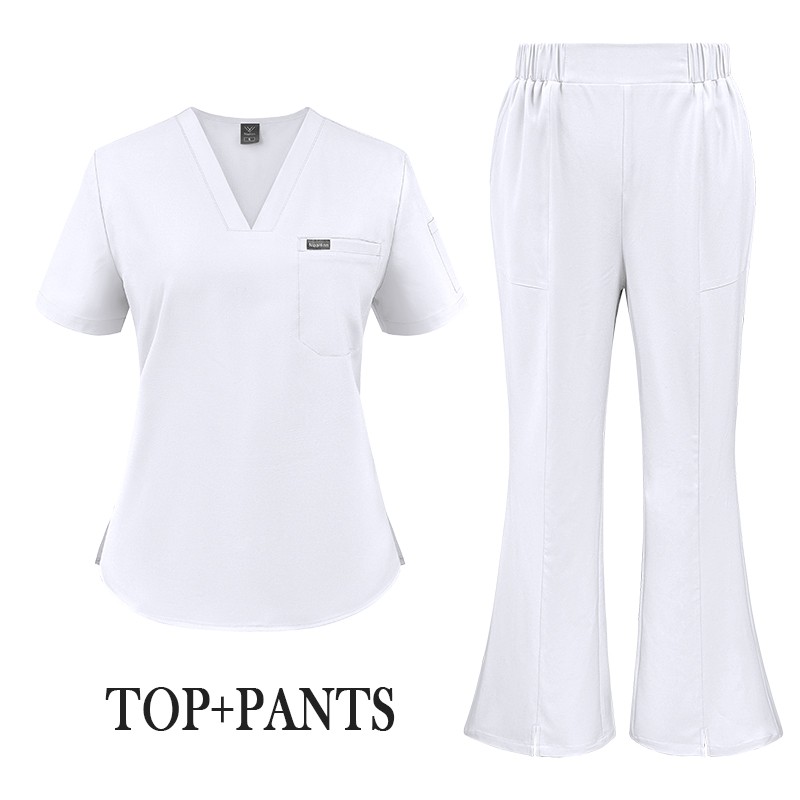 Classic & Summer Women Stretch Medical Nurse Scrub Set : V-Neck Top Flared Pants
