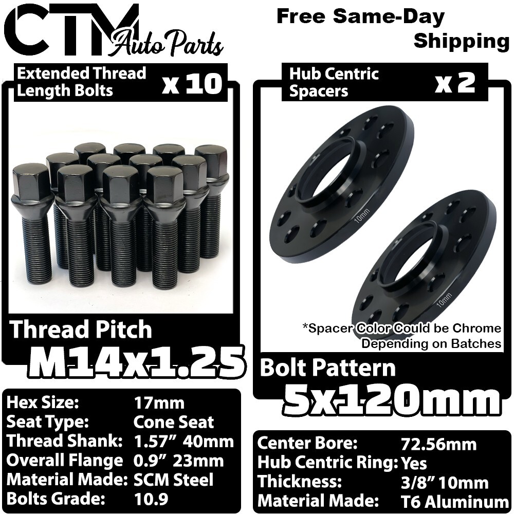 2x 10mm Thick 5x120 72.56mm CB Wheel Spacer Kit With Black Bolt 14x1.25 Fit BMW