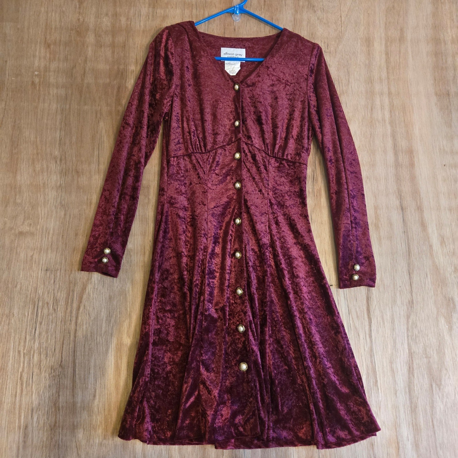 Victorian Crushed Velvet Edwardian Renaissance Midi Dress 10P Pearl Button 90s