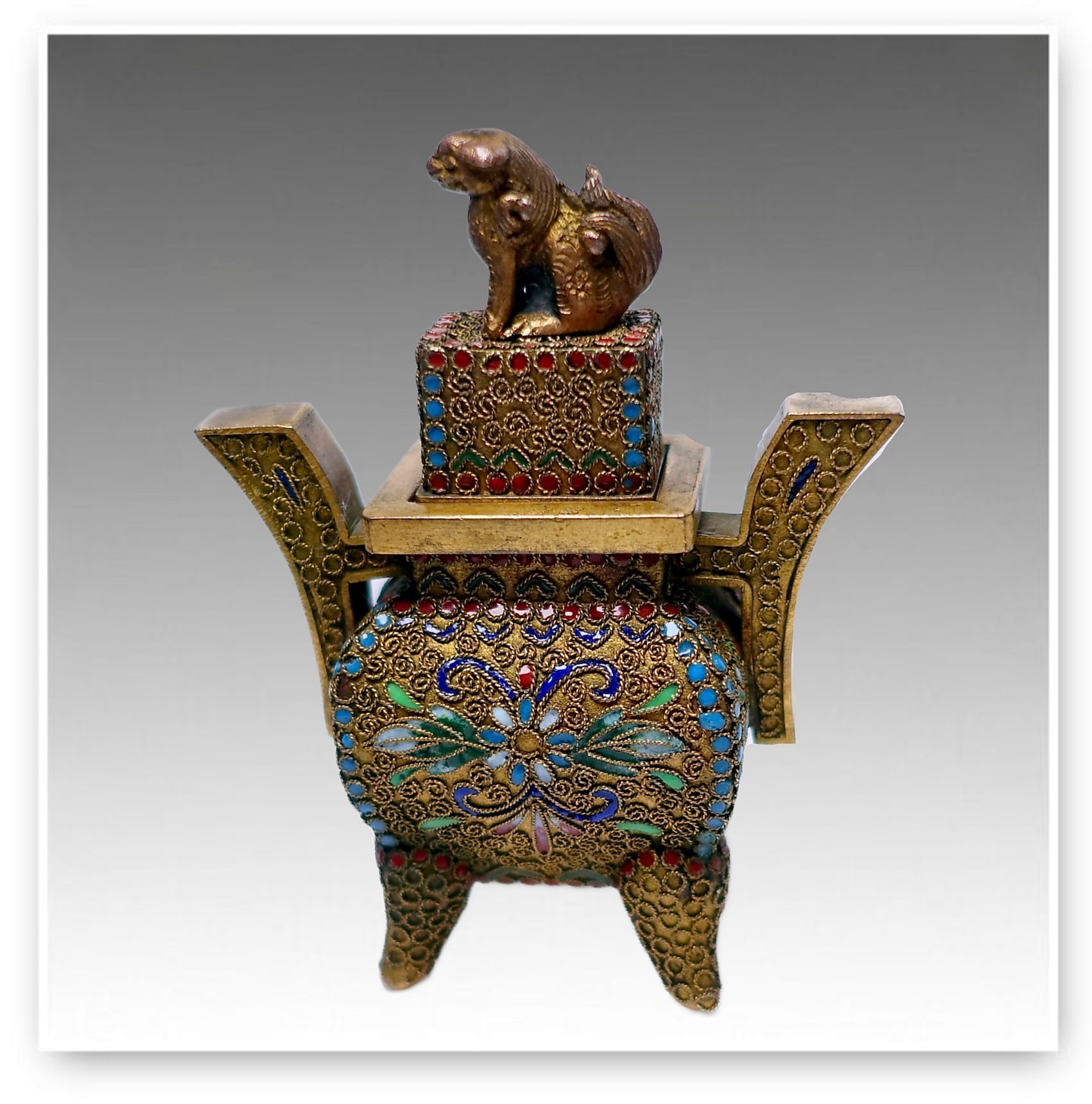Japanese Meiji Cloisonne Miniature Covered Urn Gilt Wire Shishi Foo Dog 8cm