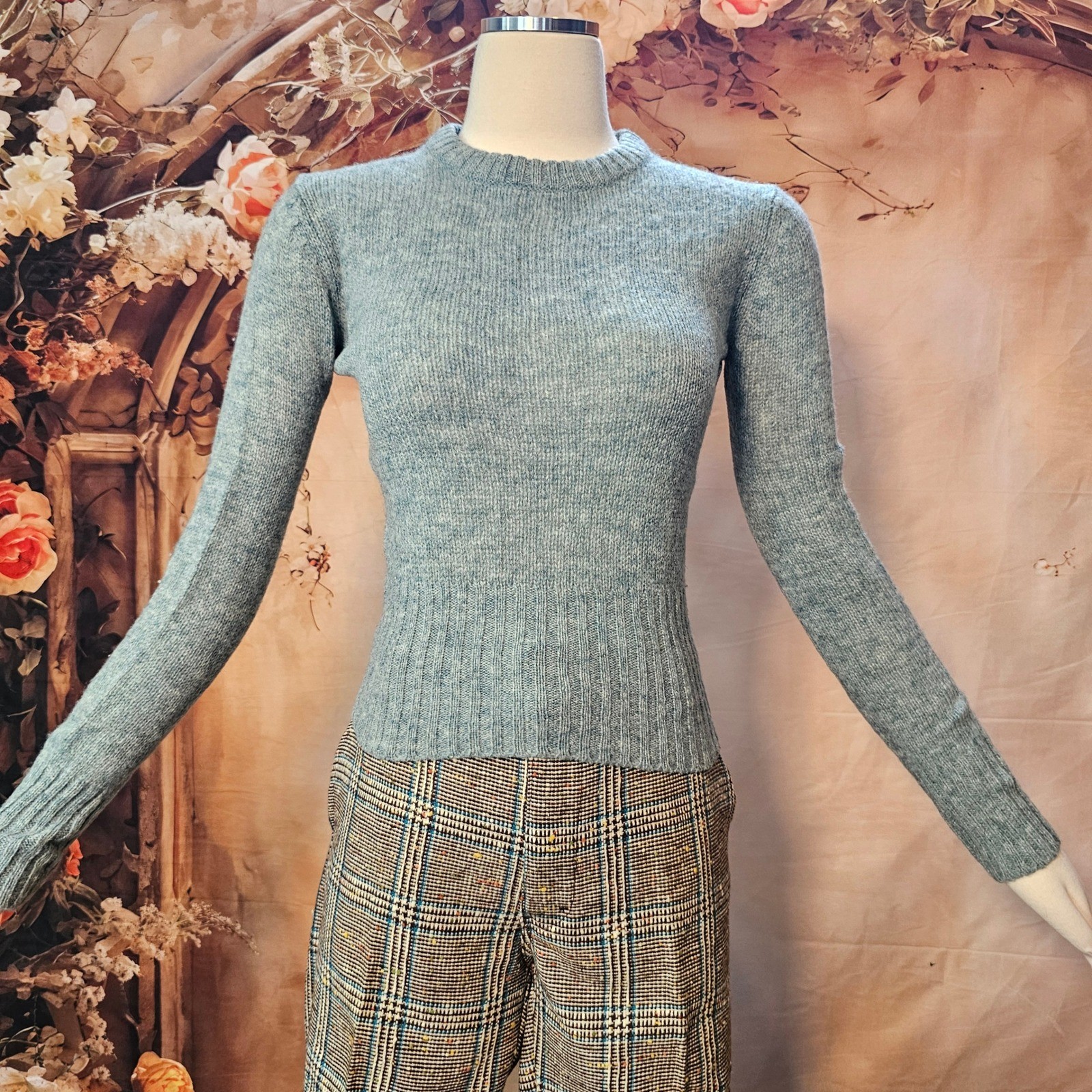 Vintage 60s Sears Jr Bazaar Heathered Blue Wool Ribbed Knit Sweater Mod Crewneck
