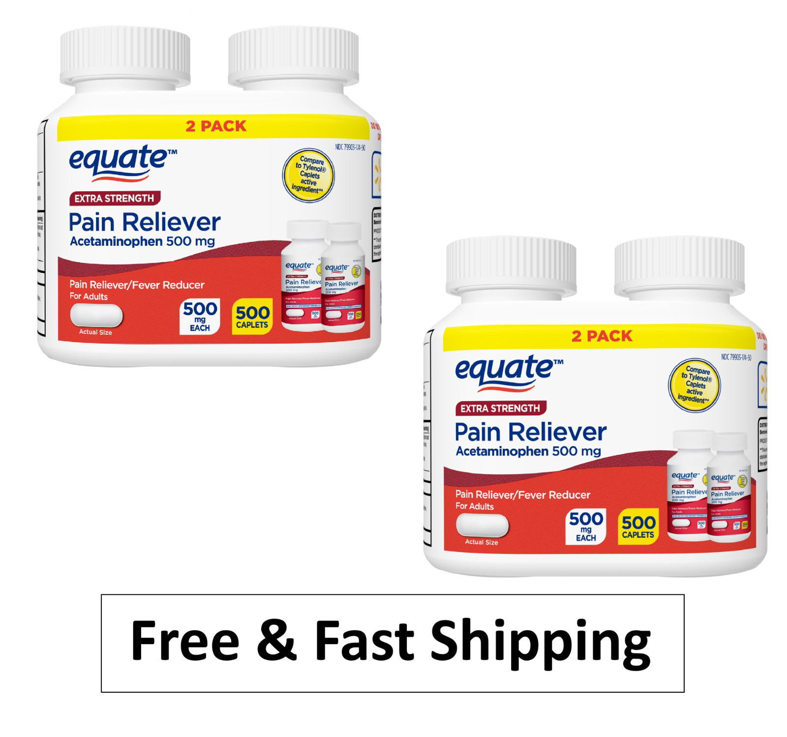 Equate Extra Strength Acetaminophen Caplets, 500 mg, 2x250 Count( 4pk total)