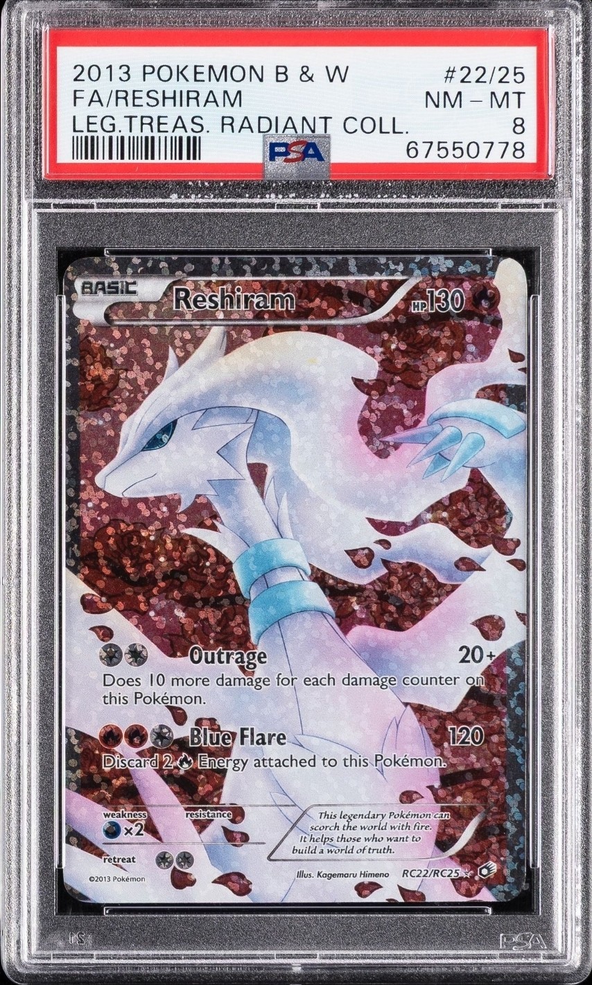 2013 POKEMON BLACK & WHITE LEGENDARY TREASURES  #RC22 FULL ART/RESHIRAM PSA 8