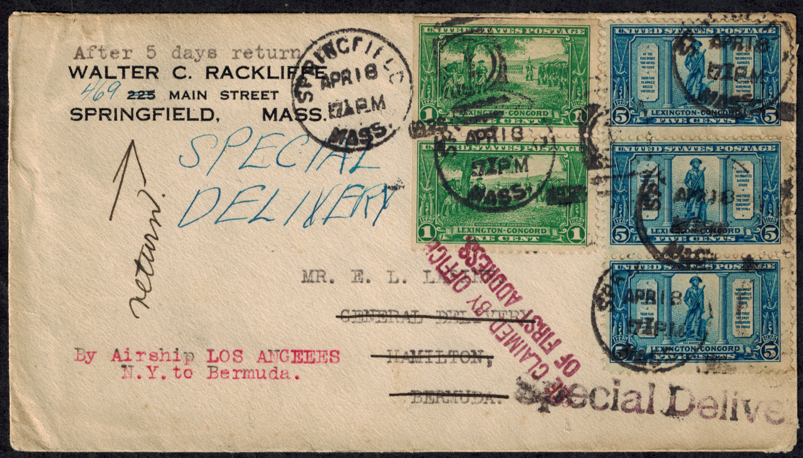 Bermuda 1925 UNIQUE SPECIAL DELIVERY COVER Airship to Bermuda & Returned