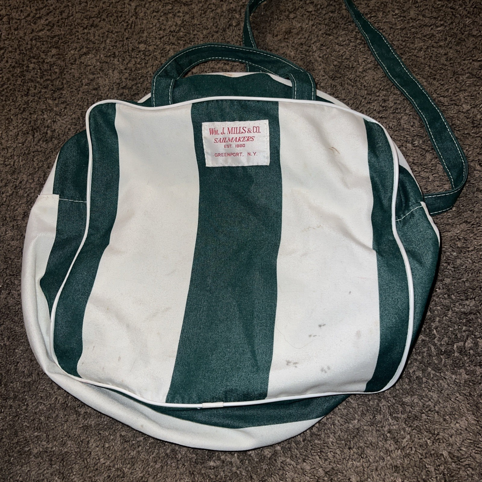 Vintage Wm J Mills & Co Sailmakers Canvas Duffel Bag Greenport NY Striped Green
