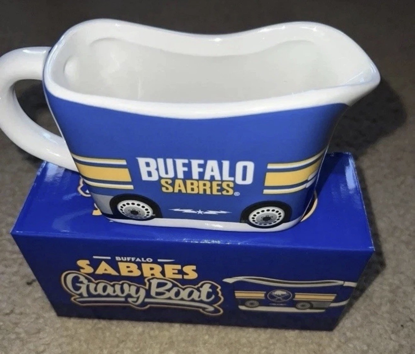 Buffalo Sabres Ceramic Gravy Boat Blue/White Hockey Theme Decorative Boxed Buffalo Sabres Ceramic Gravy Boat Blue/White Hockey Theme Decorative Boxed