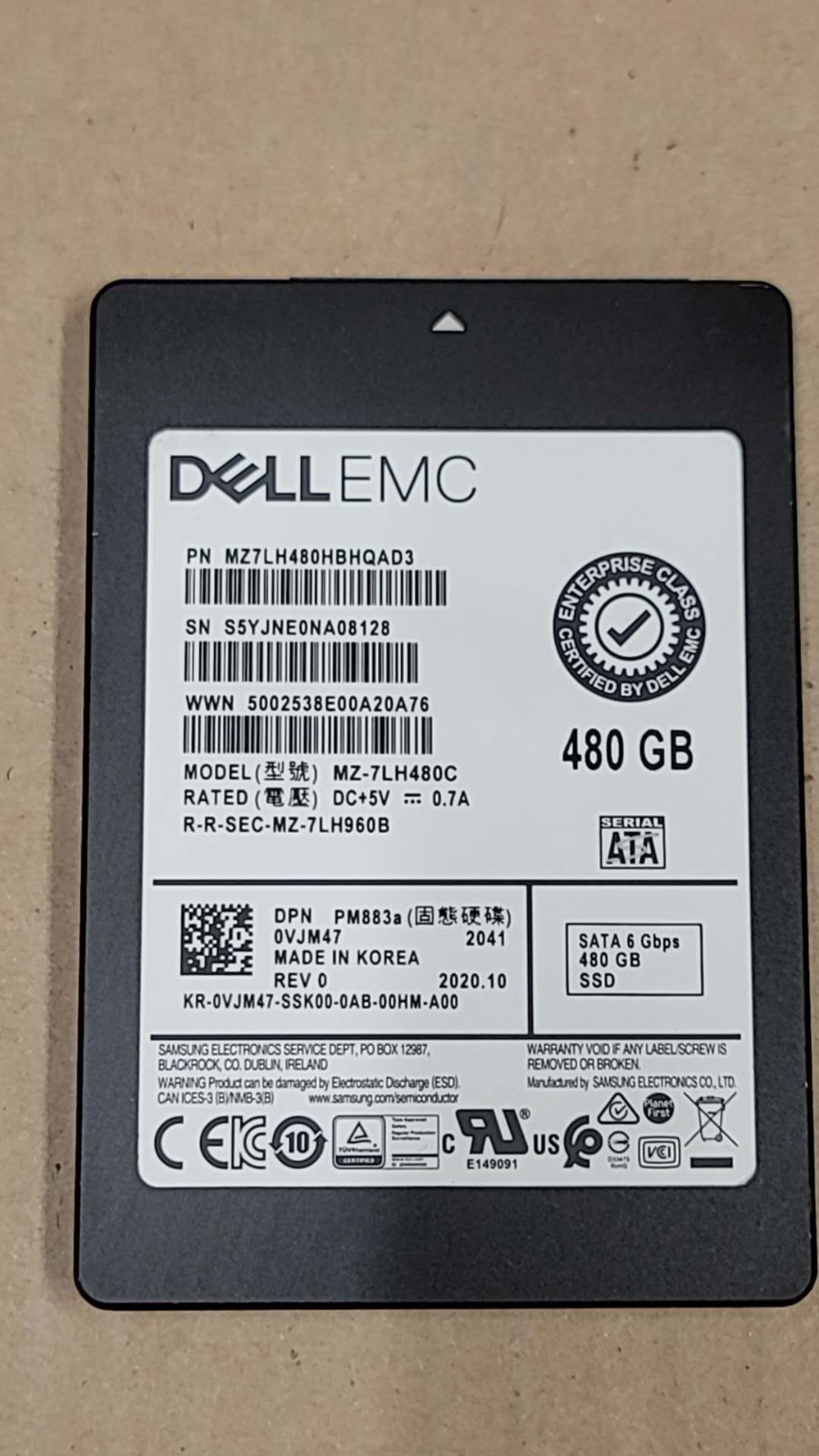 DELL VJM47 0VJM47 Samsung PM883a Series 480GB RI SATA 6Gbps 2.5in SSD MZ-7LH480C