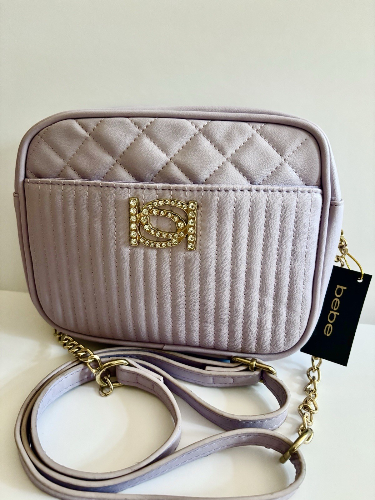NWT Bebe Hazel Rhinestone Crossbody Bag Lilac Quilted Gold Chain Purse