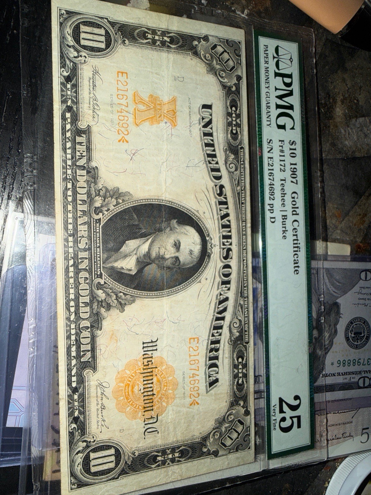 Graded 1907 $10 Gold Certificate PMG 25 Very Fine Circulated