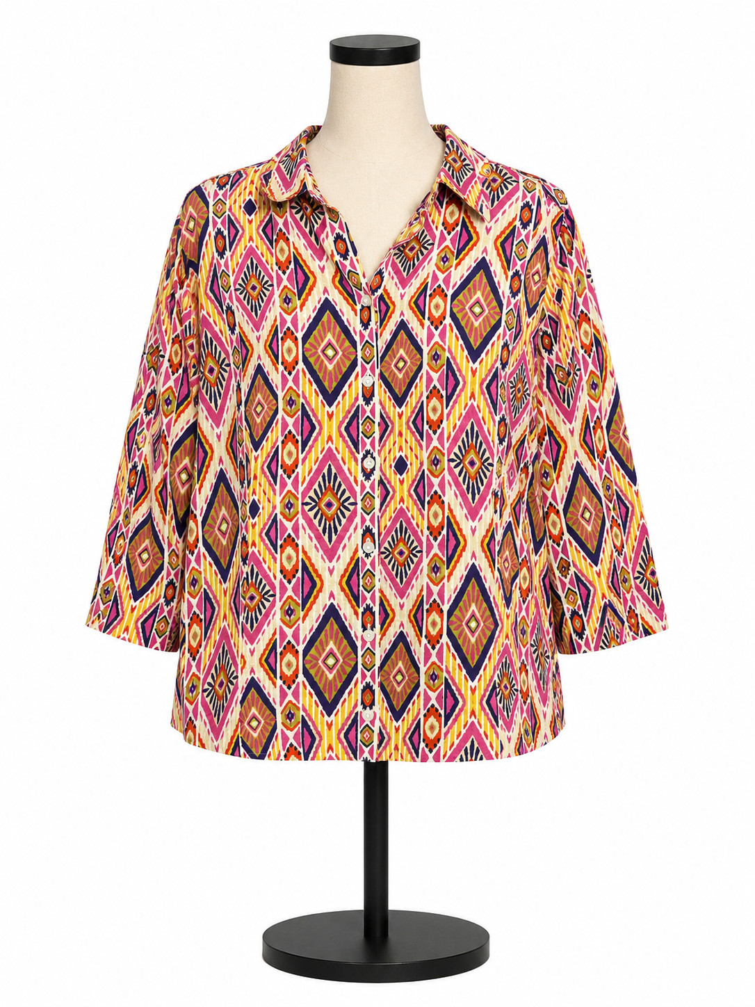 Chico\'s Womens Button Down Top Size 2 US Medium Printed Blouse 3/4 Sleeve Linen
