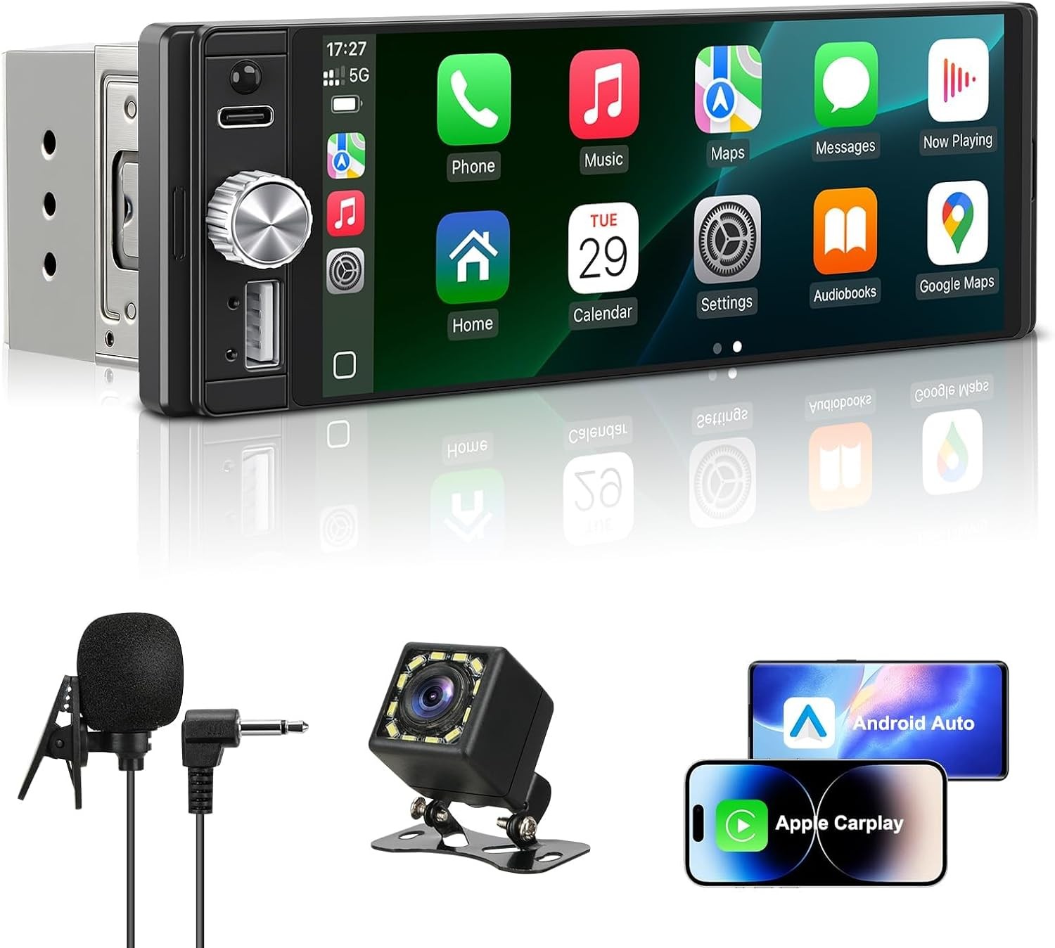 Single Din Radio Car Stereo with Apple CarPlay & Android Auto,6.28 Inch HD Touch