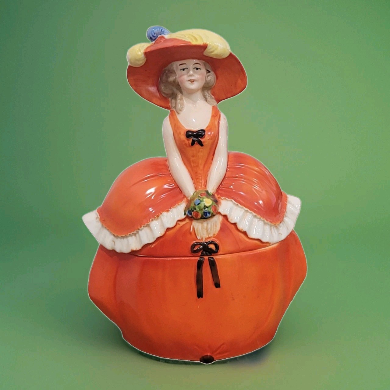 Antique German Half Doll Feather Hat Porcelain Powder Trinket Jar Dresser Box