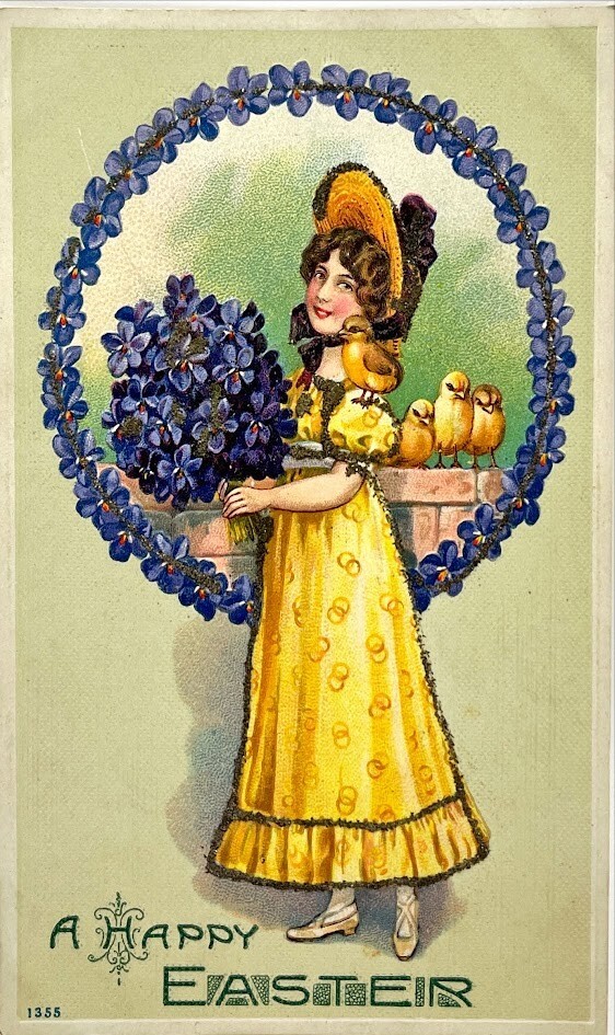 Cute Antique Easter Card Girl Yellow Floral Dress Hat Glitter Vtg Postcard F58