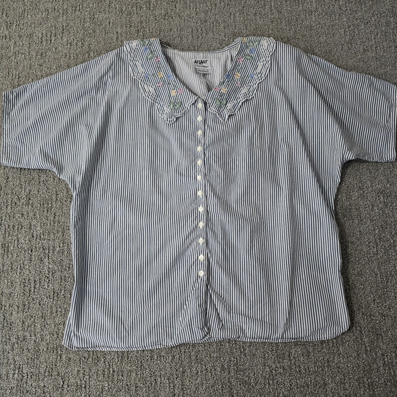 Vintage 90s At Last Blouse M Blue Stripe Embroidered Floral Collar Cottagecore