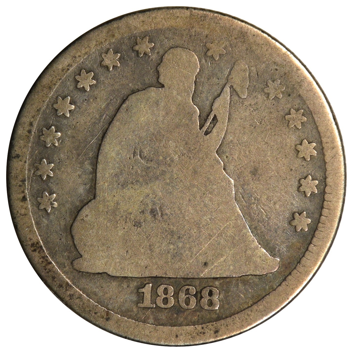 1868 SEATED LIBERTY QUARTER ~ NICE GOOD
