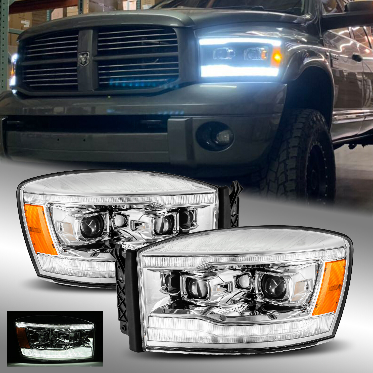Fit 06-08 Dodge Ram LED DRL Signal Projector Headlights Chrome