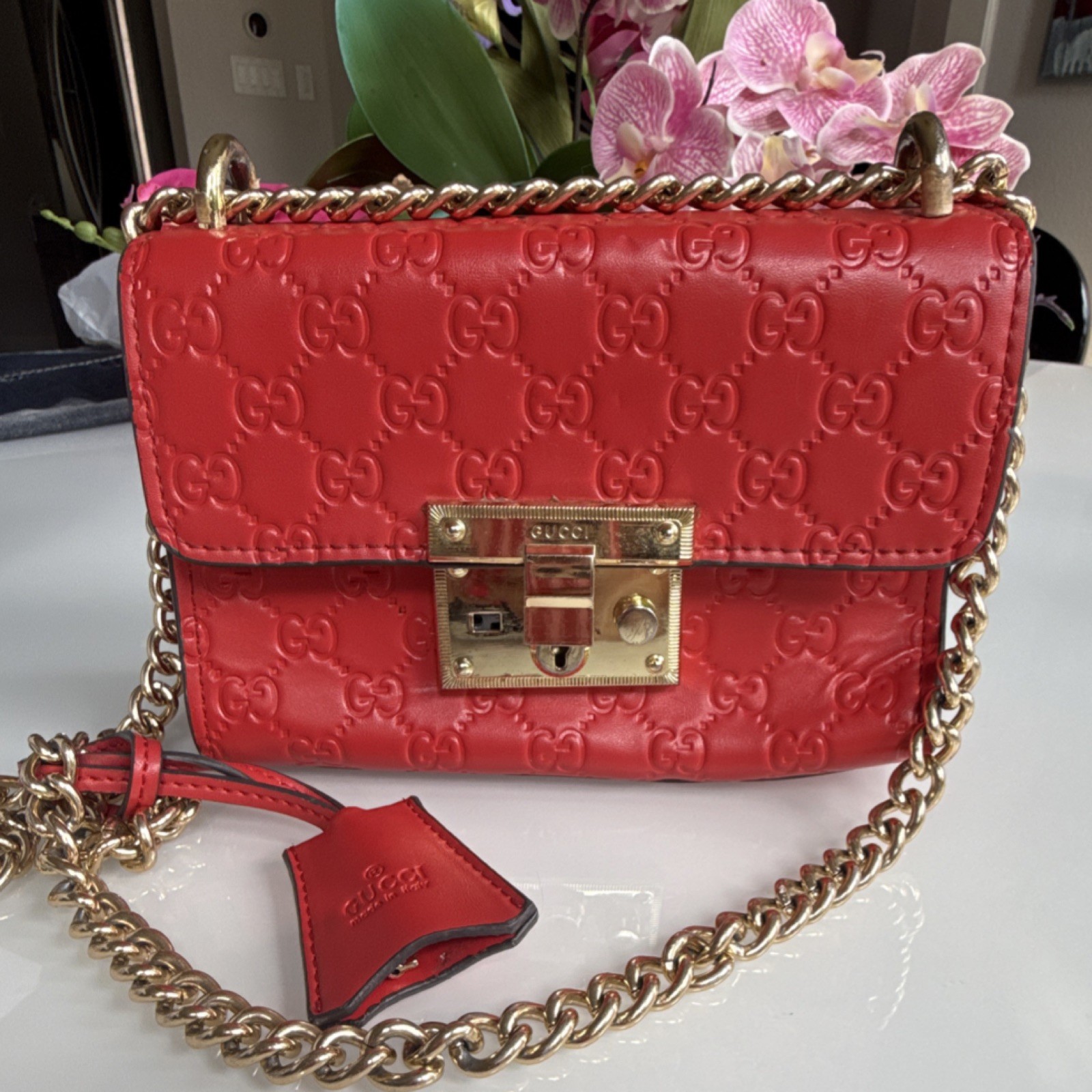 Gucci Red GG Pattern Small Shoulder Bag Chain Strap Lock Closure w/ Key