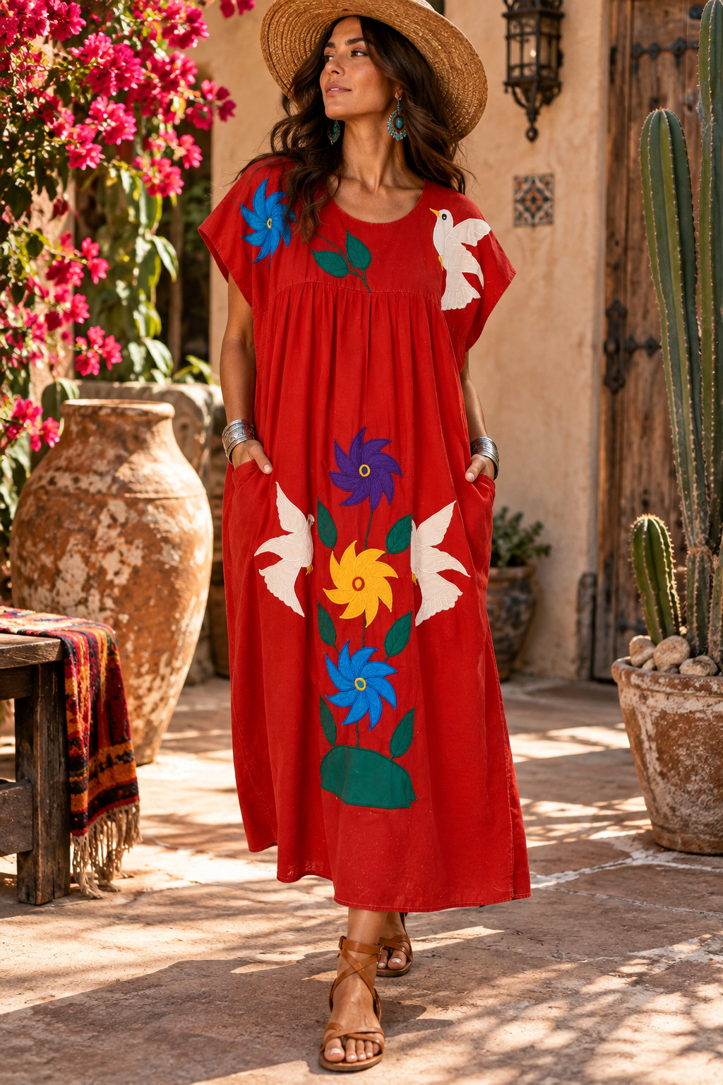 Vtg Mexican Red Dove Flower Applique Folk Art Maxi Dress L /XL Handmade Pockets