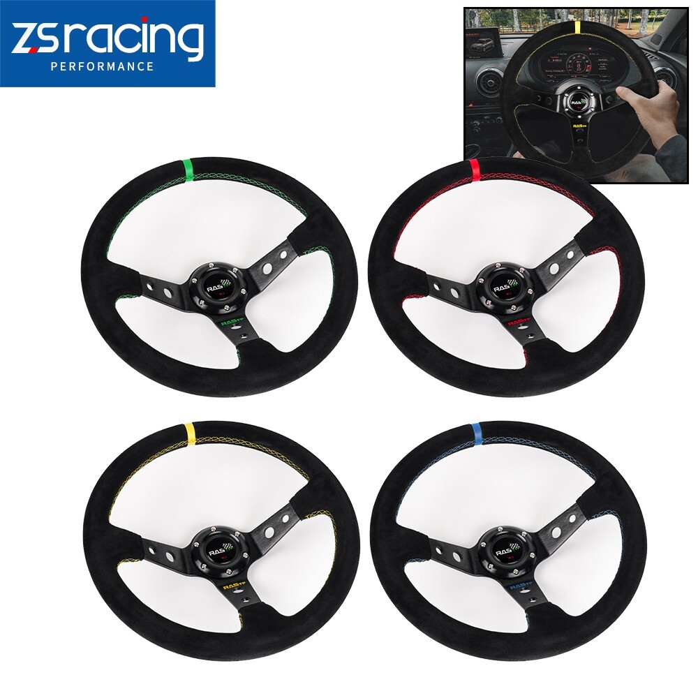 BLACK 345mm/14inch Deep Dish Suede Leather Red Ring Sport Racing Steering Wheel