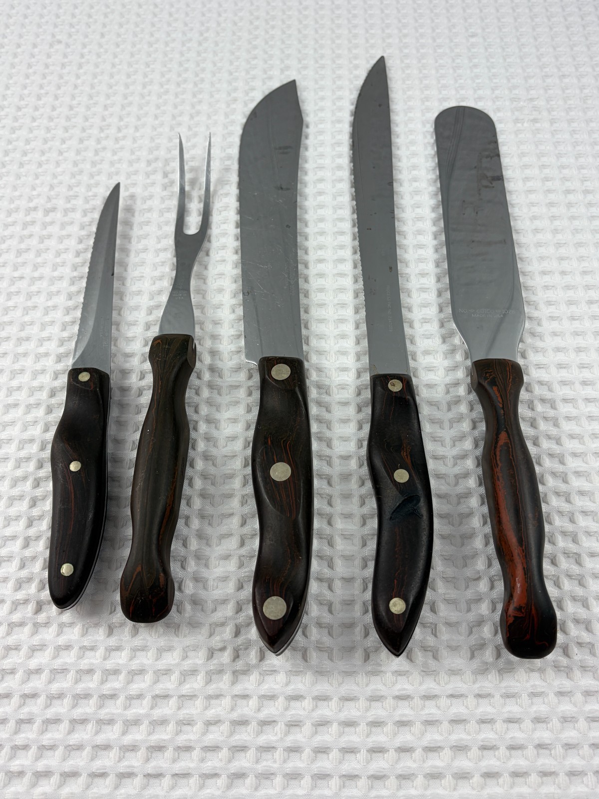 Vintage Cutco Knife 5 Pc Set ~ 1021, 1022, 1023, 1026, 1028 Brown Handles
