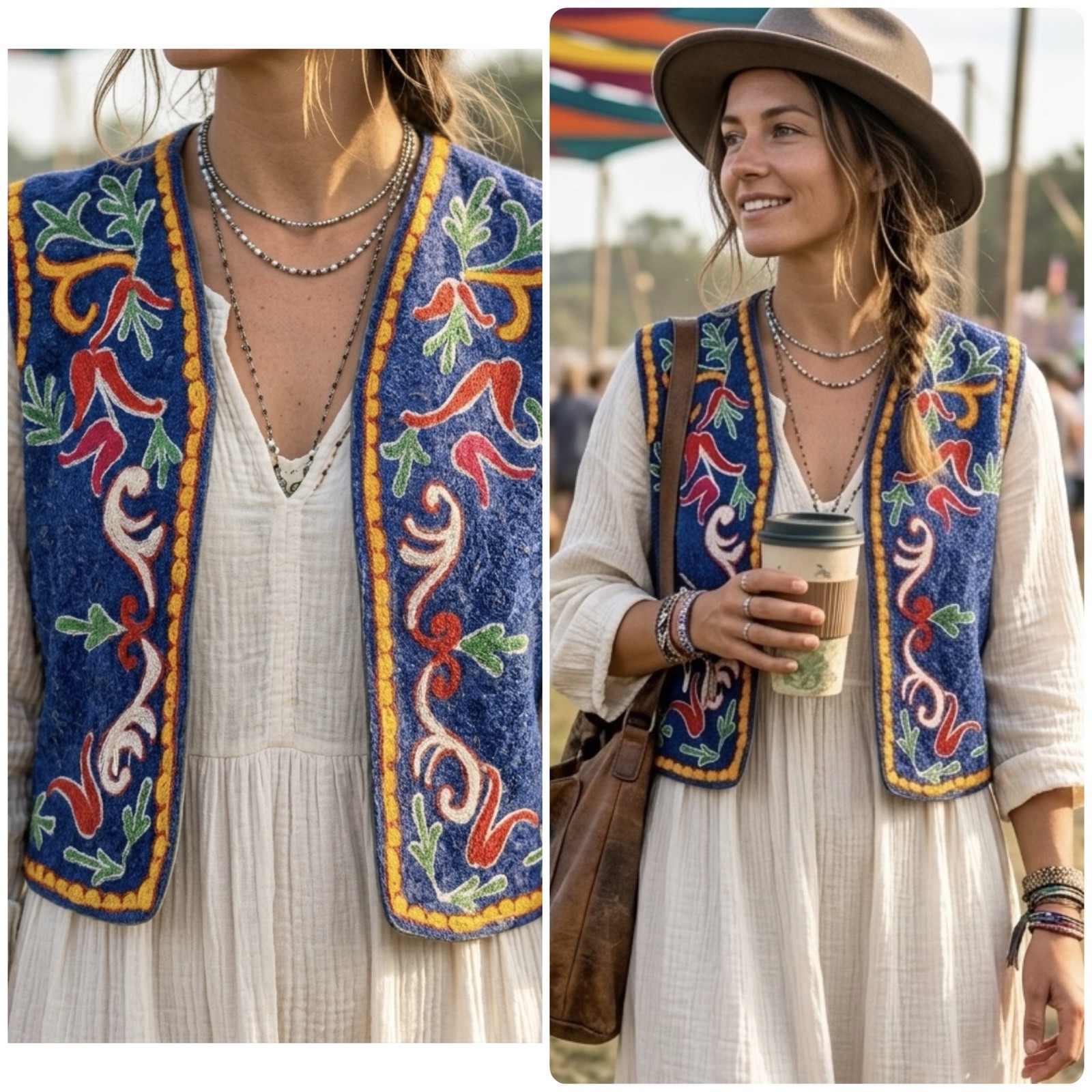 Vtg EUC Hand Embroidered Folk Art Vest Womens S Cottagecore Boho Floral Festival