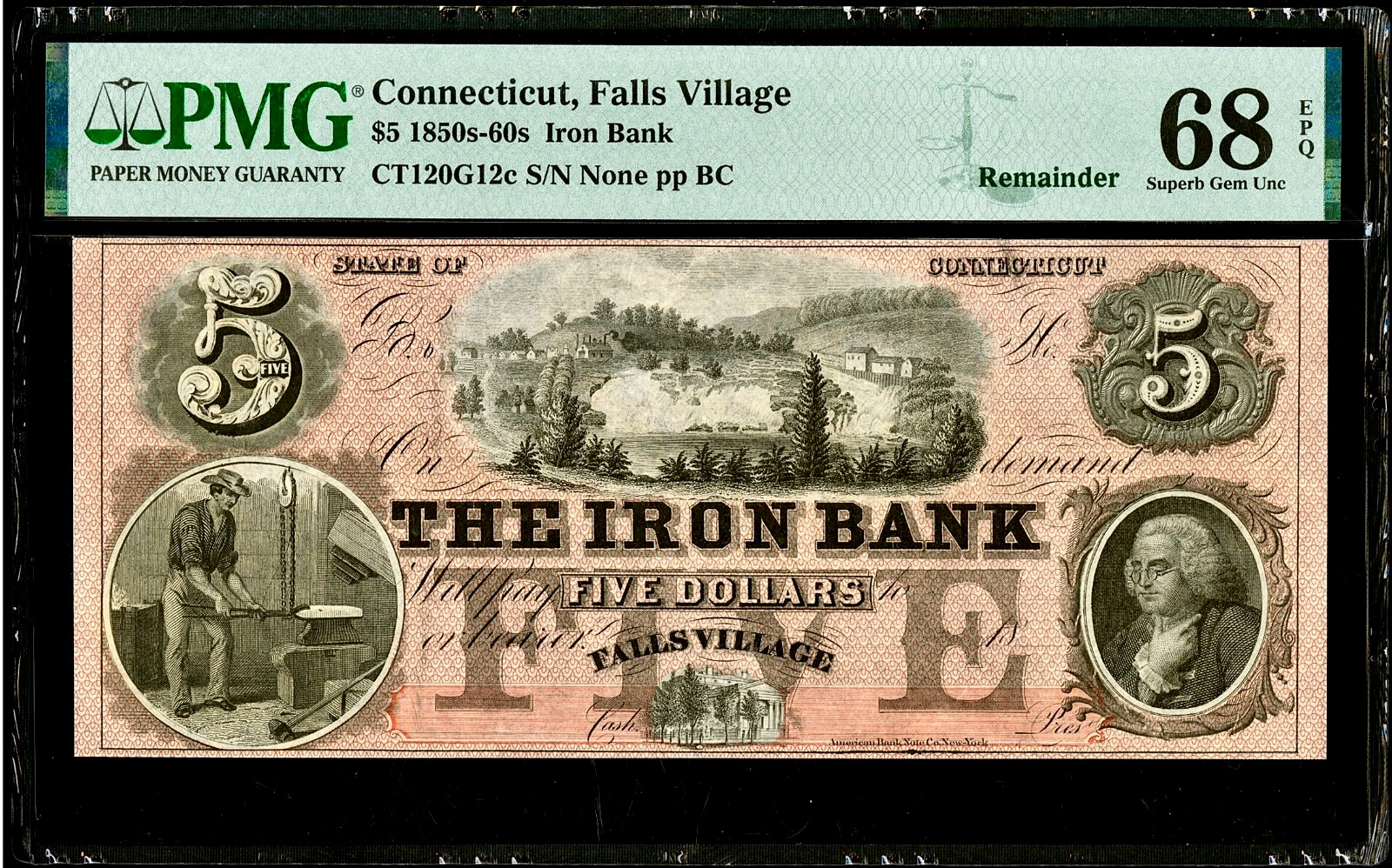1850-1860’s Falls Village CT The Iron Bank $5 Obsolete Banknote G12c PMG 68EPQ