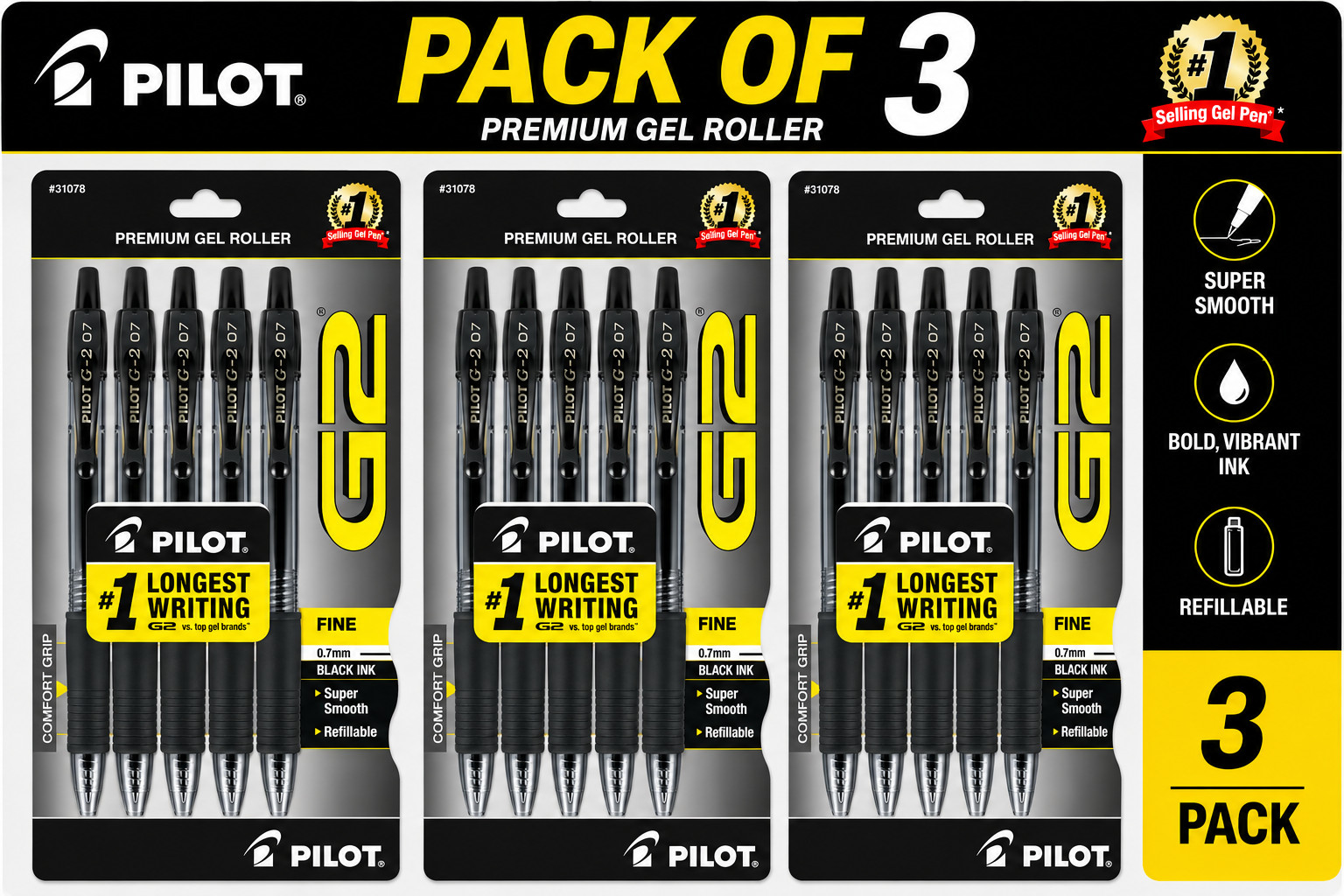 Pilot G2 Premium Gel Pens, Black Pens, Fije Point 0.7mm, Black (pack of 3) Pilot G2 Premium Gel Pens, Black Pens, Fije Point 0.7mm, Black (pack of 3)