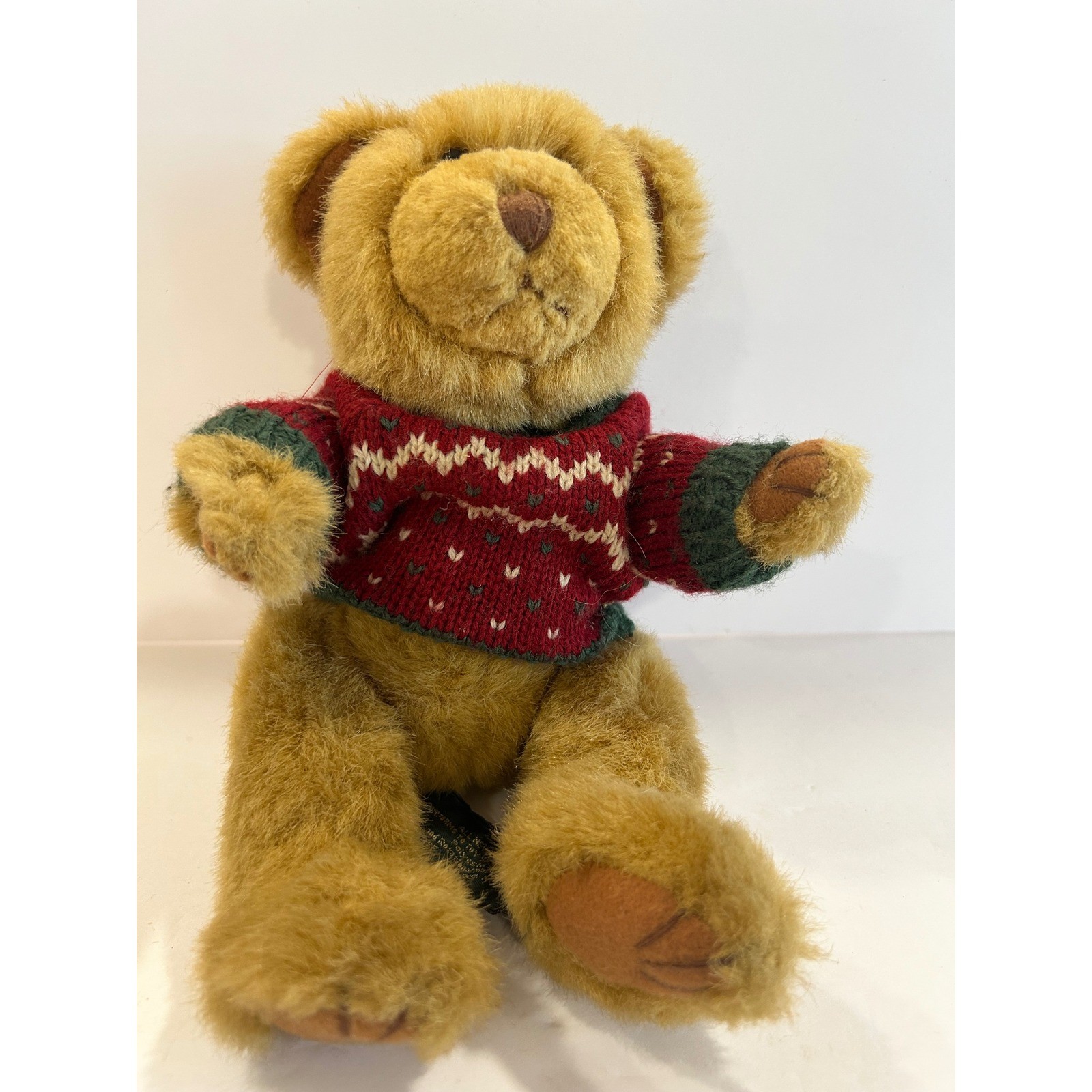 Vintage Russ Berrie Teddy Bear Plush Red Green Christmas Fair Isle Sweater 8in