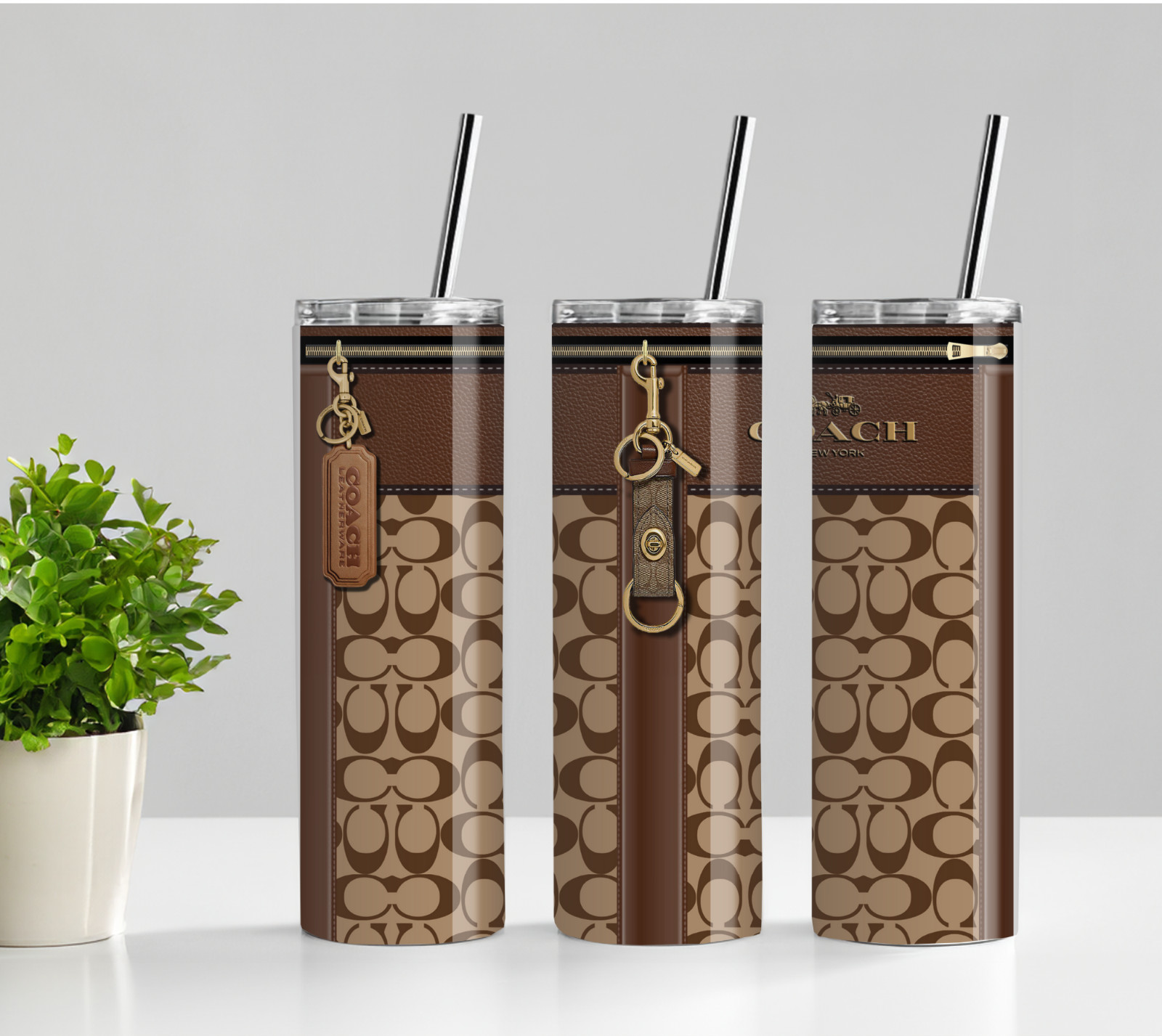 Designer Brown Skinny 20oz purse Tumbler W/ Lid & Straw
