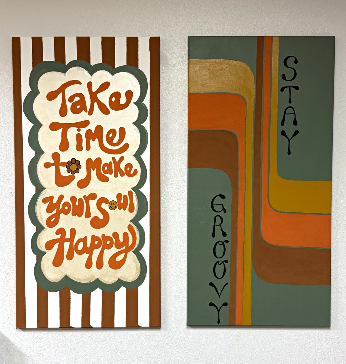 Set of 2 Canvas OOAK acrylic painted canvas. MCM Take Time & Groovy