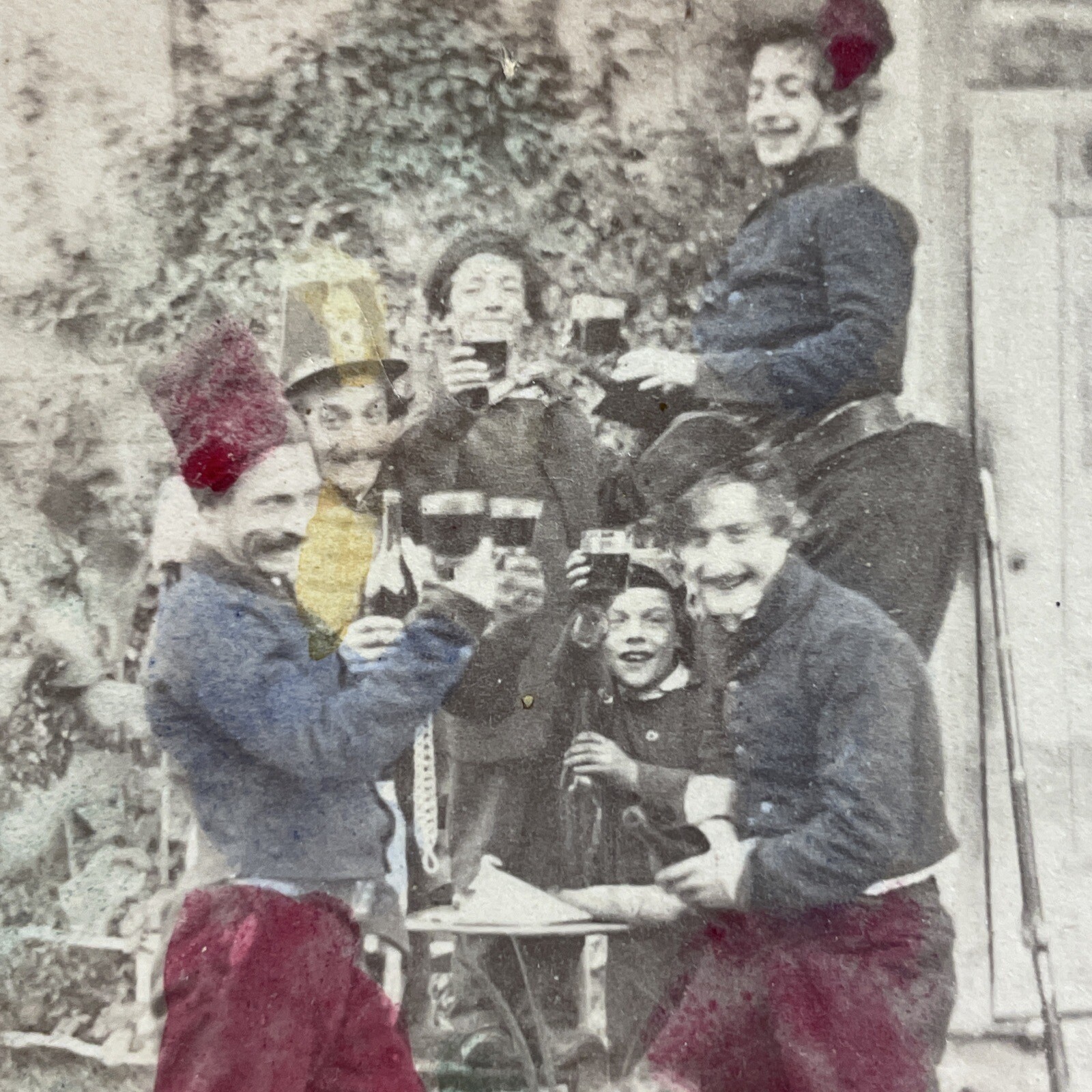 Antique Stereoview Card Group of Men Toasting Hand-Tinted Victorian Era
