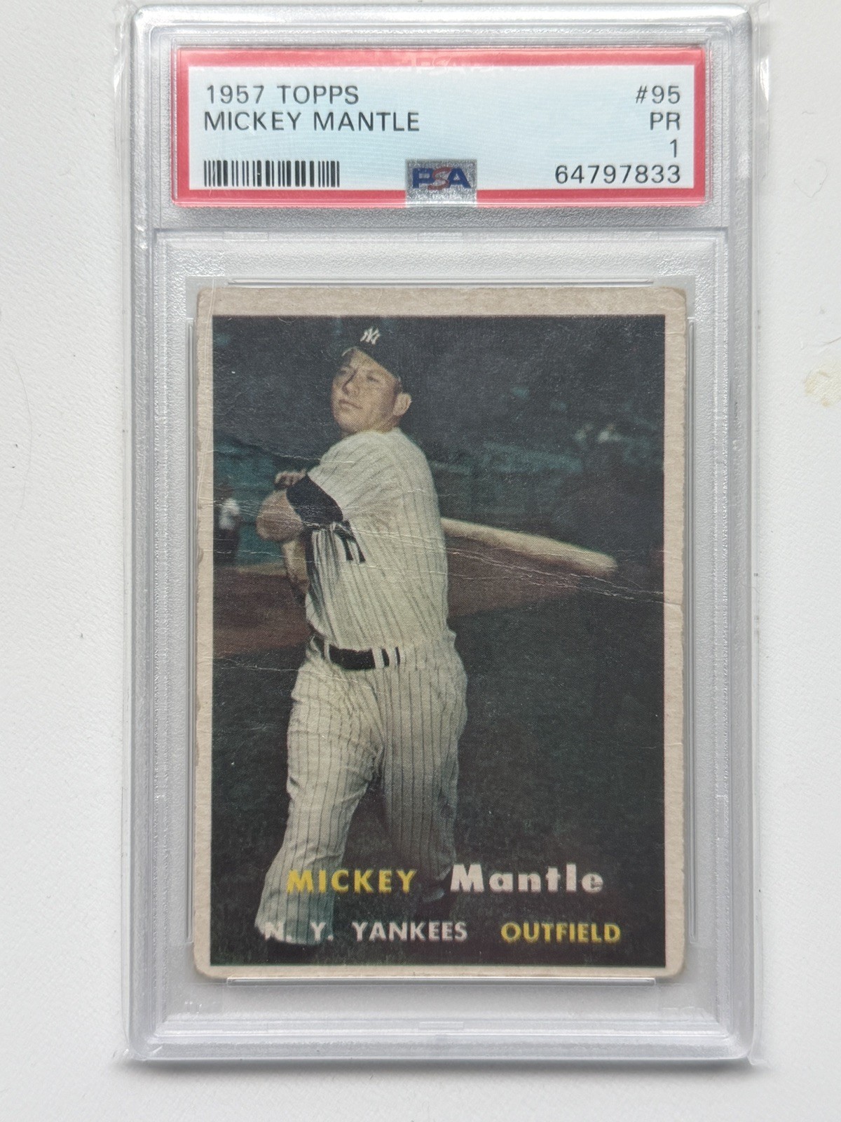 1957 Topps Mickey Mantle #95 PSA 1 +nice visual appeal in hand 1957 Topps Mickey Mantle #95 PSA 1 +nice visual appeal in hand