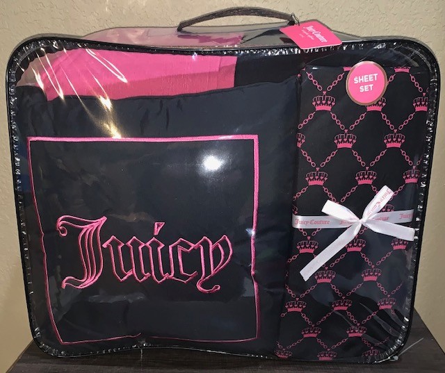 Juicy Couture Black/Pink 8pc KING Reversible Comforter Set with Crown Sheets