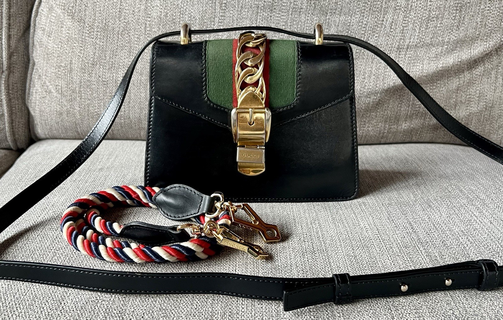Gucci Sylvie Mini Top Handle Mini Black Leather Web Stripe Shoulder Bag