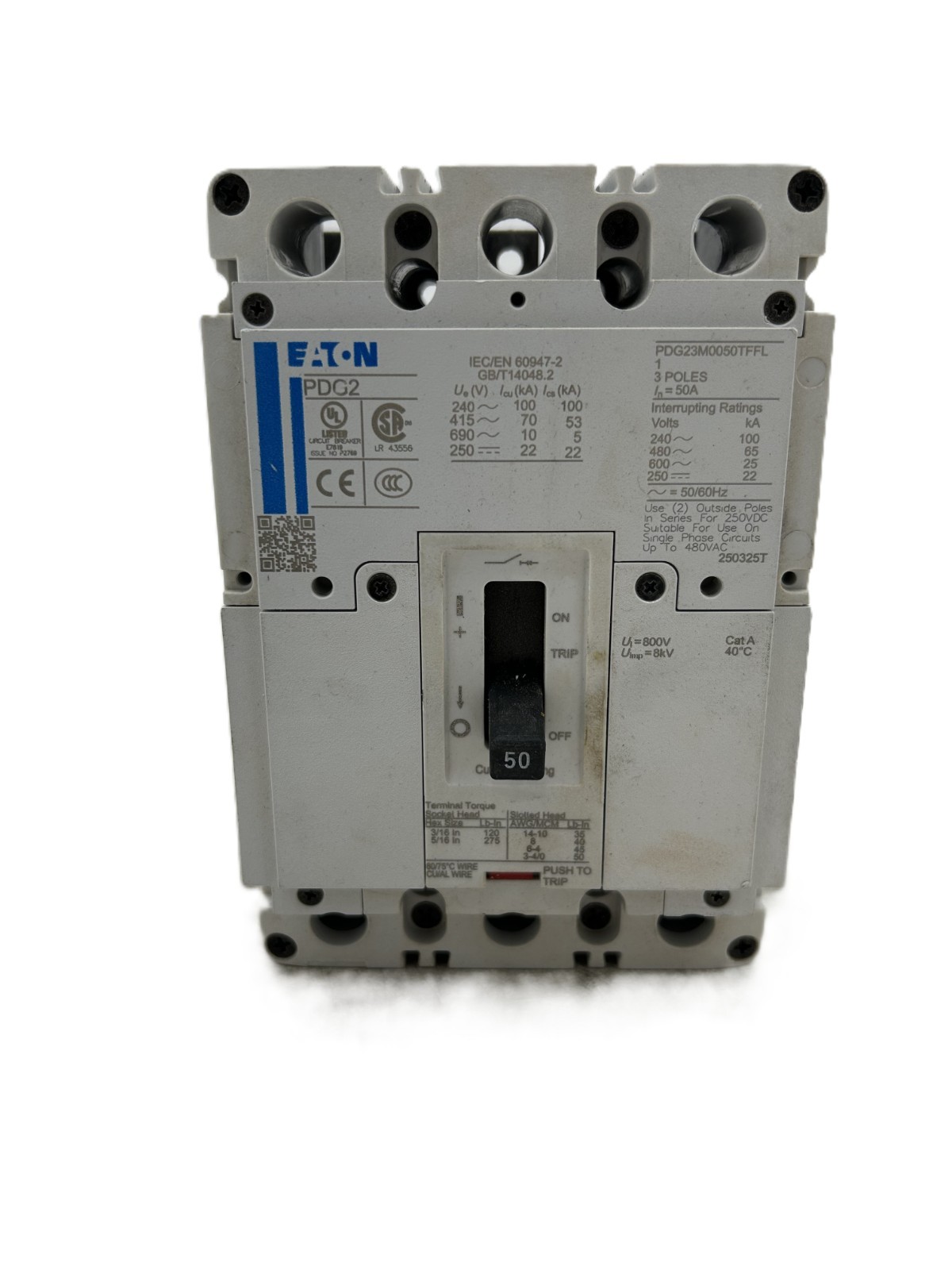 Eaton PDG23M0050TFFL Circuit Breaker 50A 3-Pole 600VAC