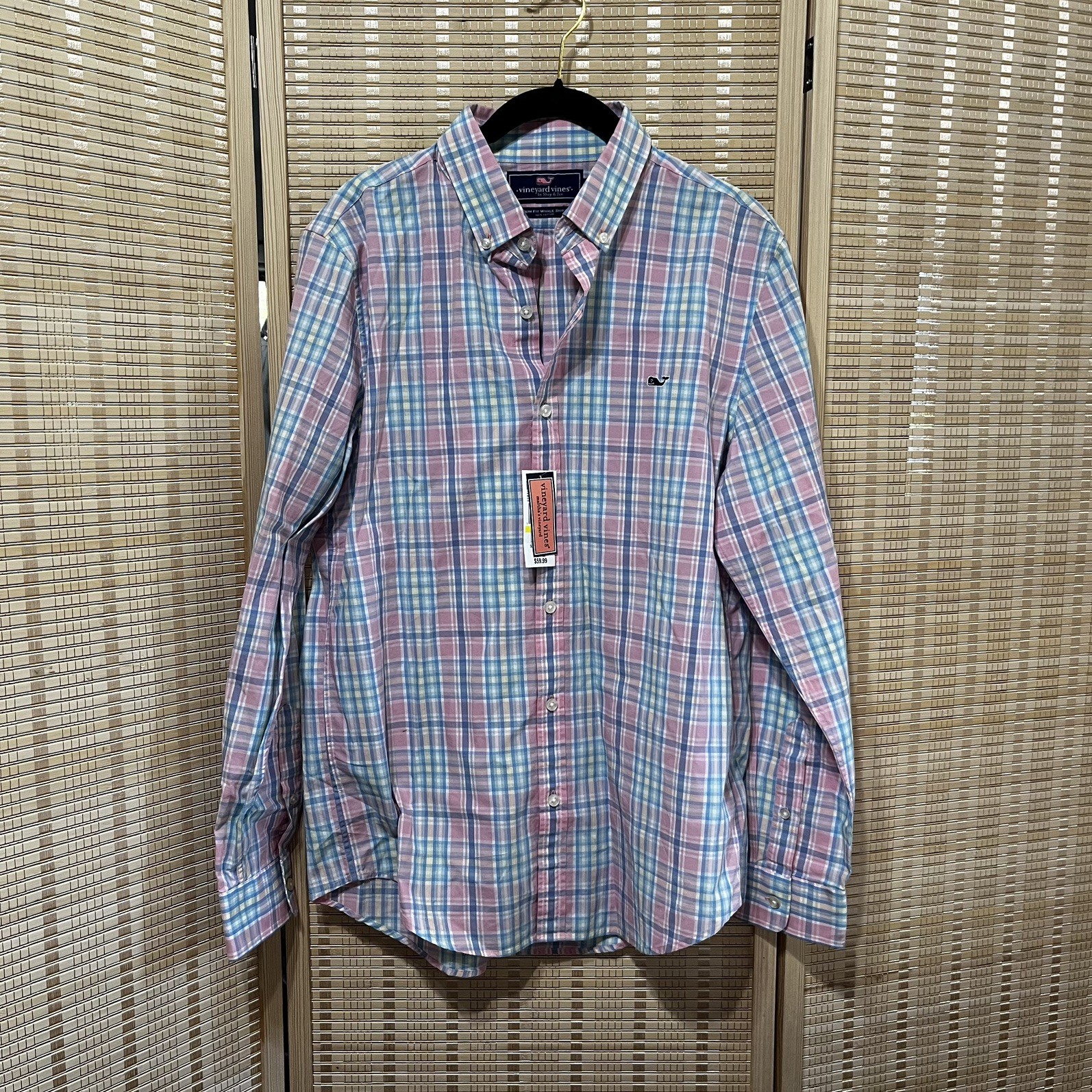 NWT Vineyard Vines Slim Fit Whale Shirt Mens Medium M Pink Blue Plaid Button Up