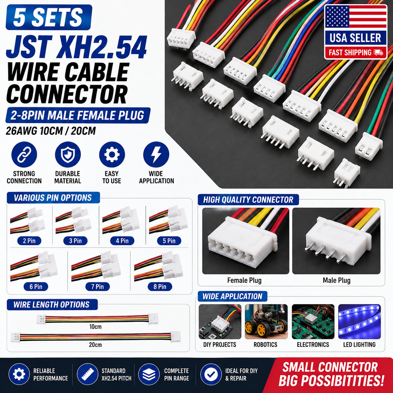 5Sets JST XH2.54 Wire Cable Connector 2-8Pin Male Female Plug 26AWG 10/20cm USA
