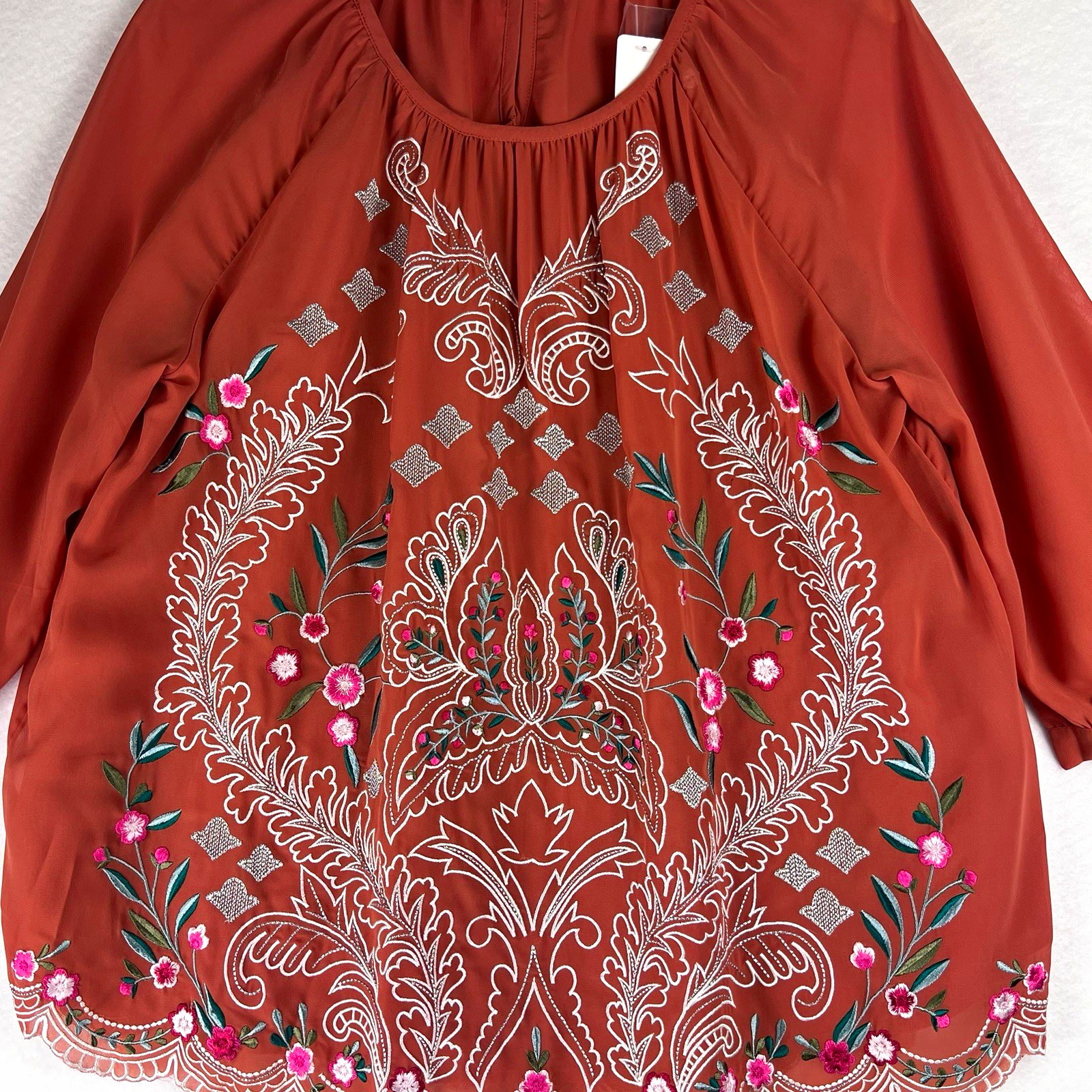 Soft Surroundings Womens Bella Top Orange Embroidered Floral 3/4 Sleeve L