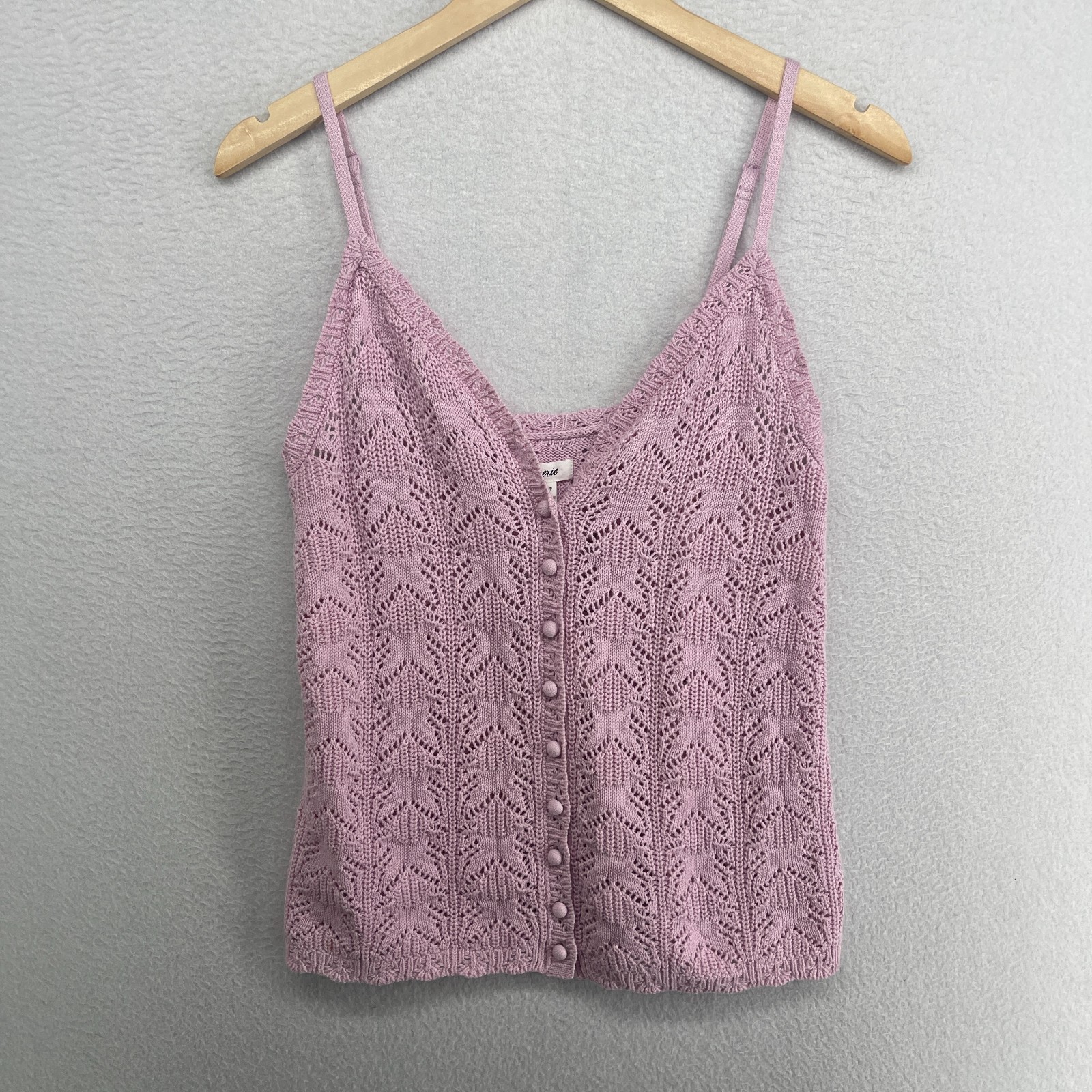 AERIE Tank Top S Pointelle Crochet Knit Button Front Cami Cotton Pink NEW