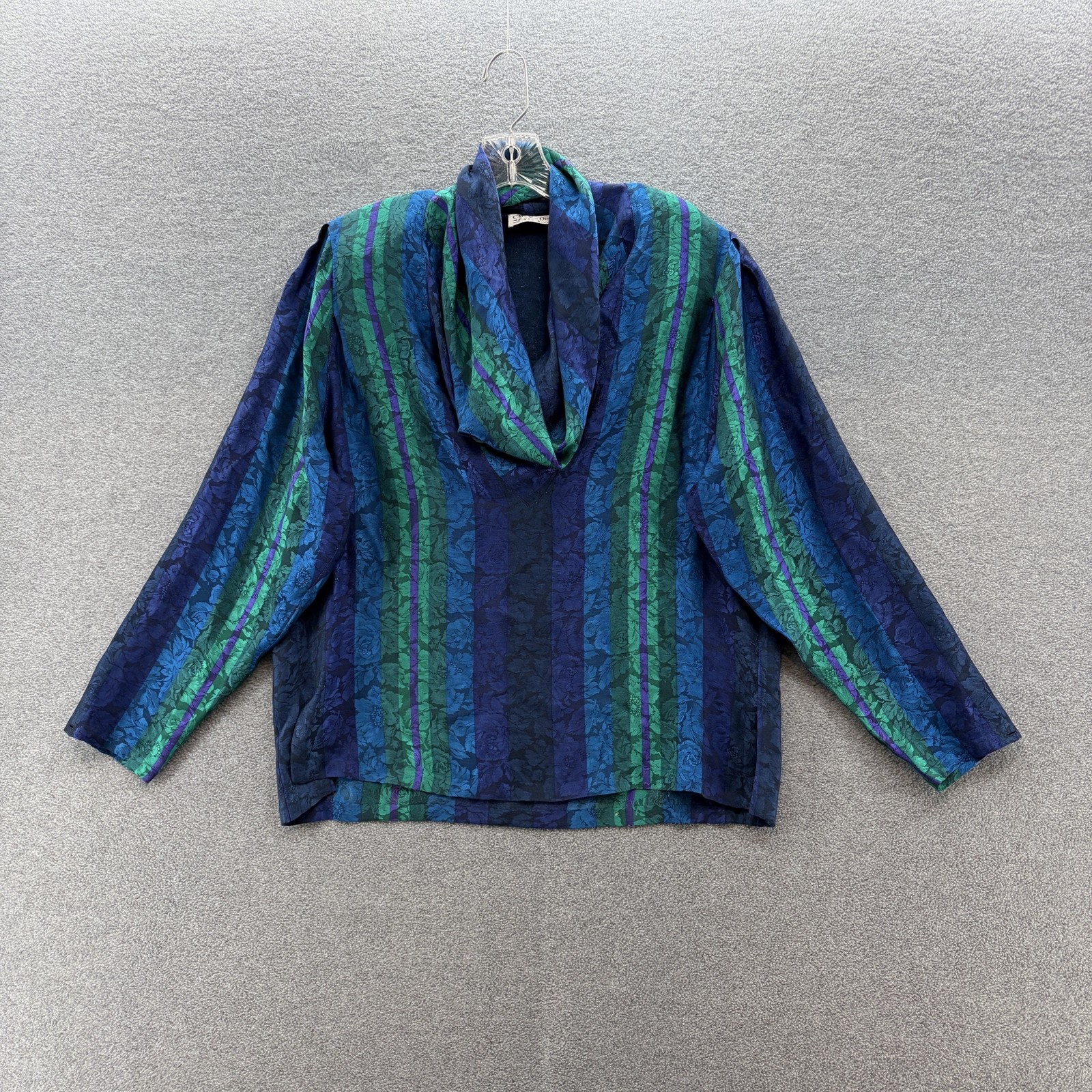 VTG 80s Christian Dior Blouse Womens 10 Blue Green Striped Silk Cowl Neck Top VTG 80s Christian Dior Blouse Womens 10 Blue Green Striped Silk Cowl Neck Top