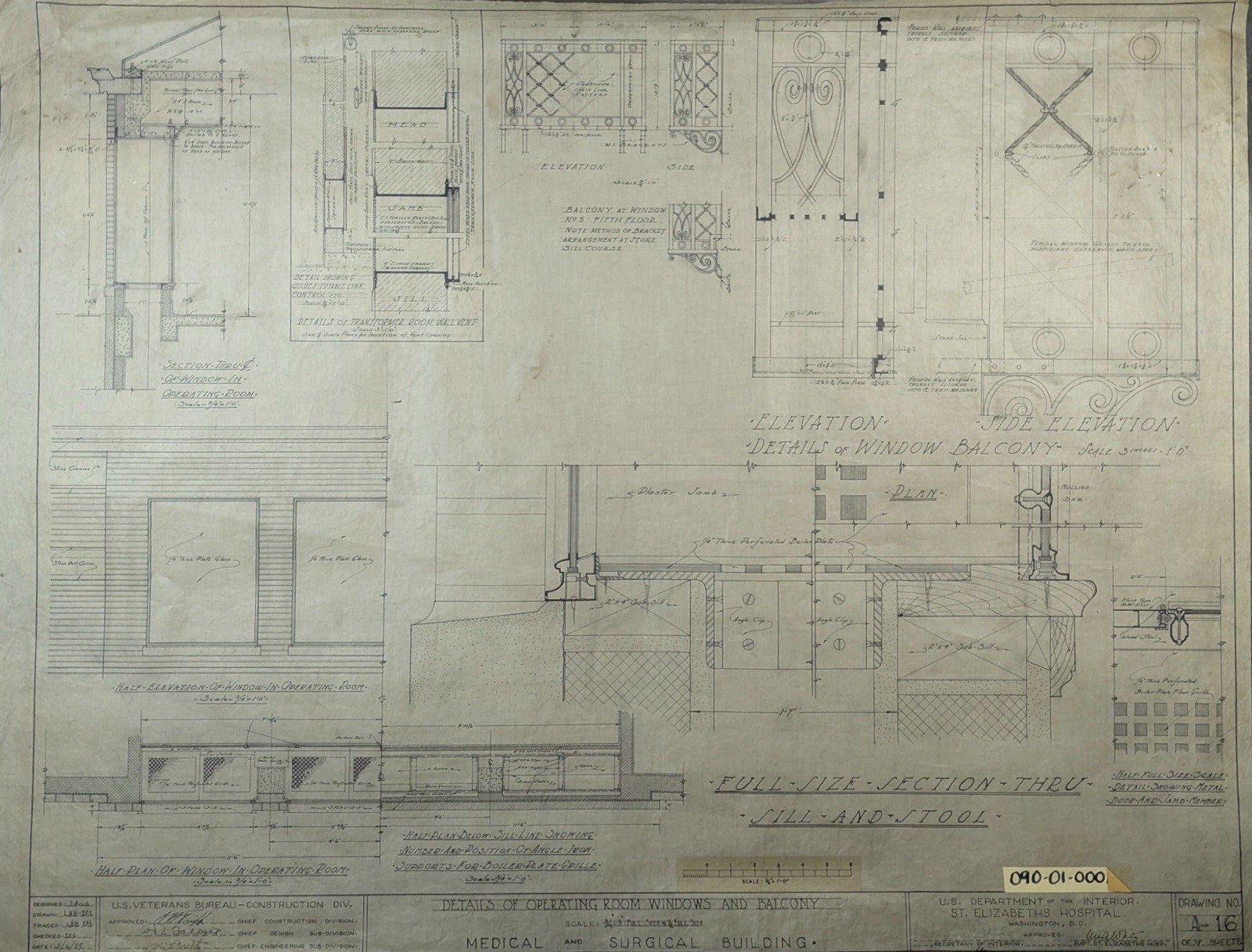 1929 Antique Historic Vellum Architectural Drawing St Elizabeth’s Insane Asylum
