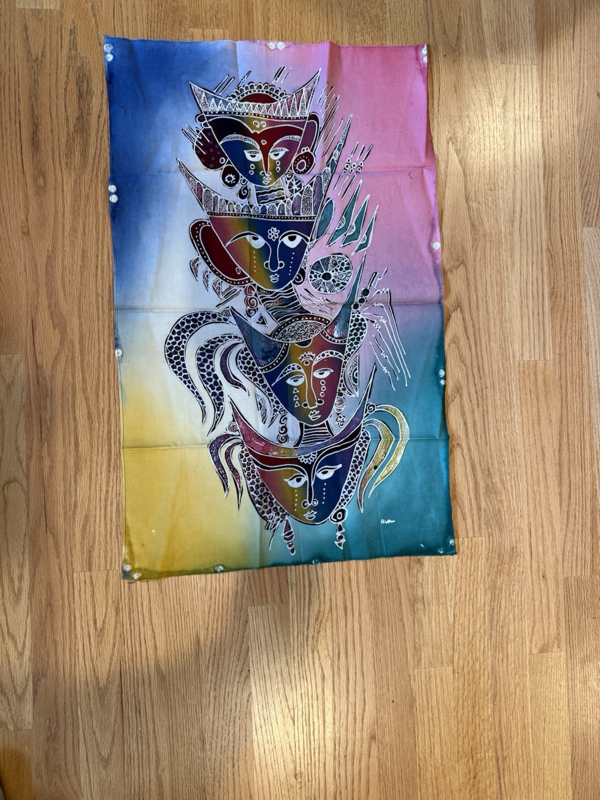 Vintage Hand Painted Batik Fabric Art Panel Faces 18x29.5 Cotton Textile
