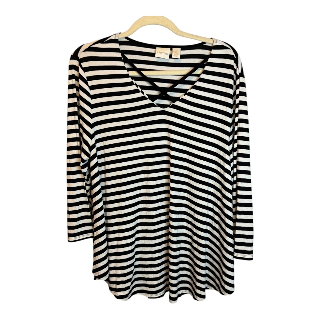 Chico\'s Blouse Women\'s Size Large Stripes Black White Chicos 2