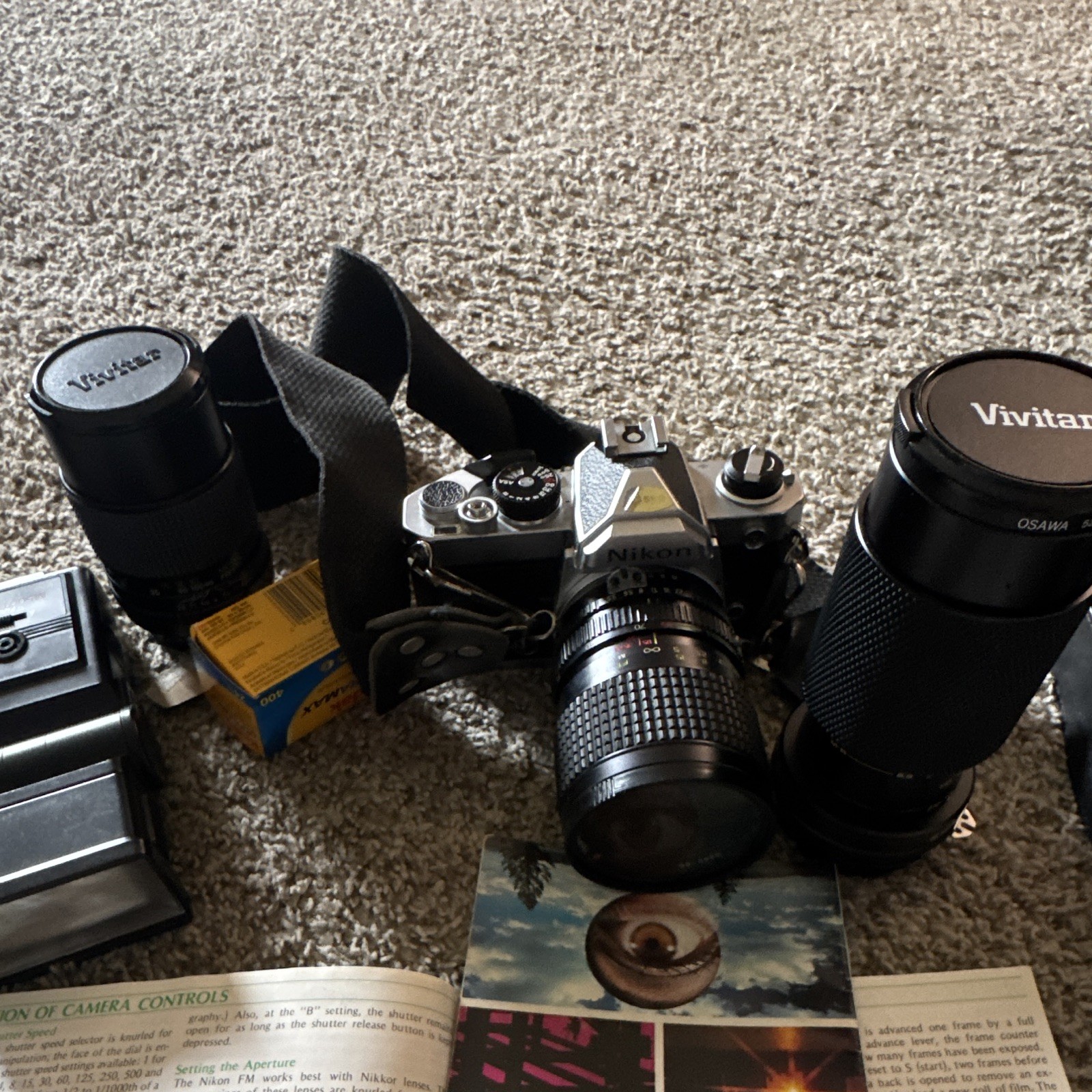 Nikon FM Silver 35mm SLR Film Camera Body with Vivitar Lenses Bundle